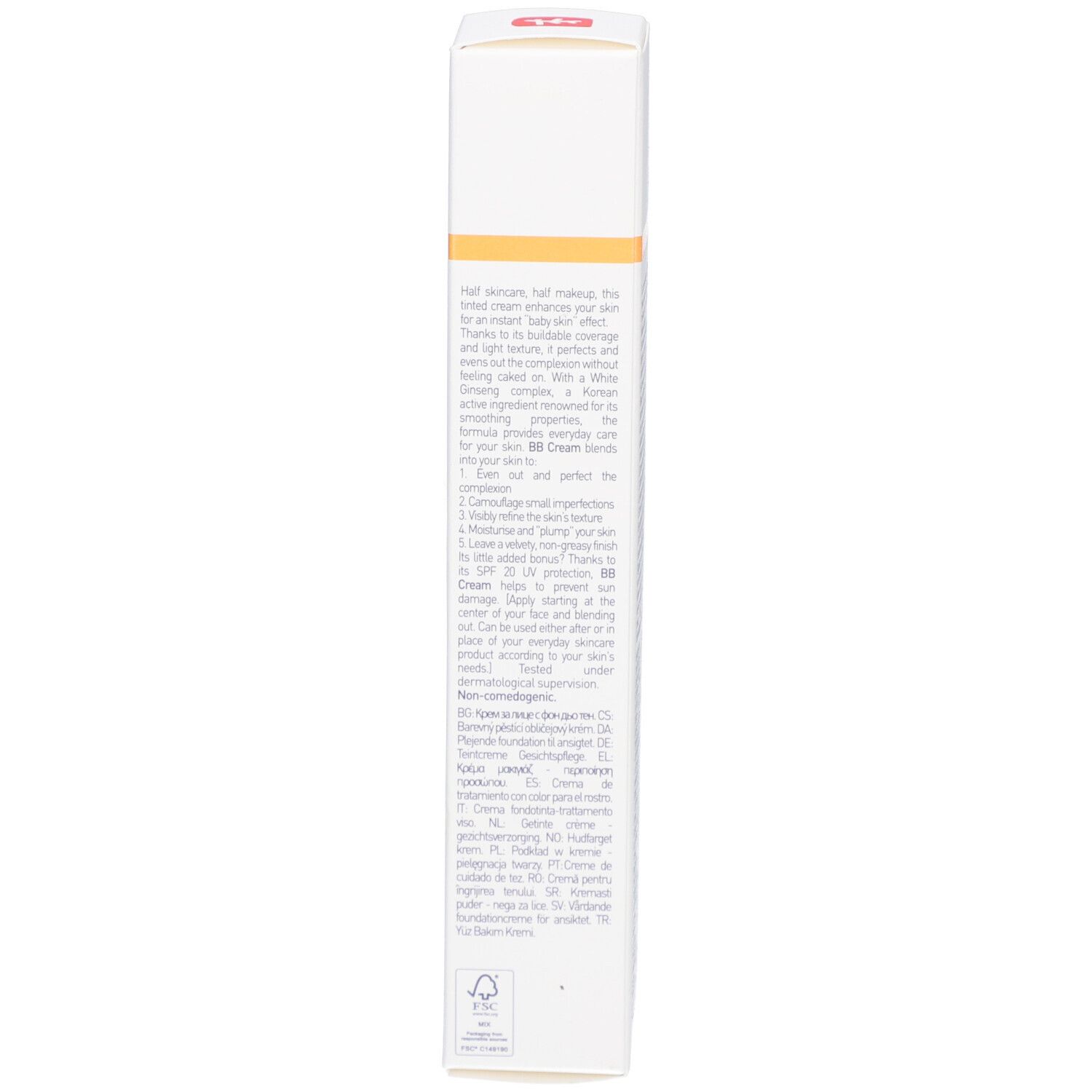 Rückseite der BB Crème Verpackung. Text in mehreren Sprachen. Produktbeschreibung und Inhaltsstoffe.