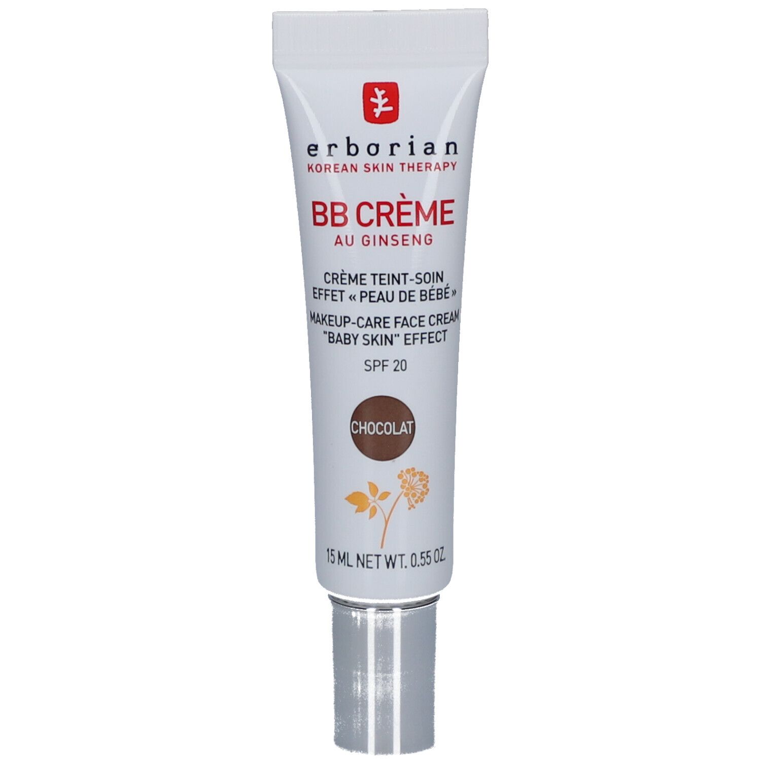 Weiße Tube mit BB Crème Chocolat von Erborian. Text und Logo in Schwarz und Rot. Silberne Kappe. 15 ml.