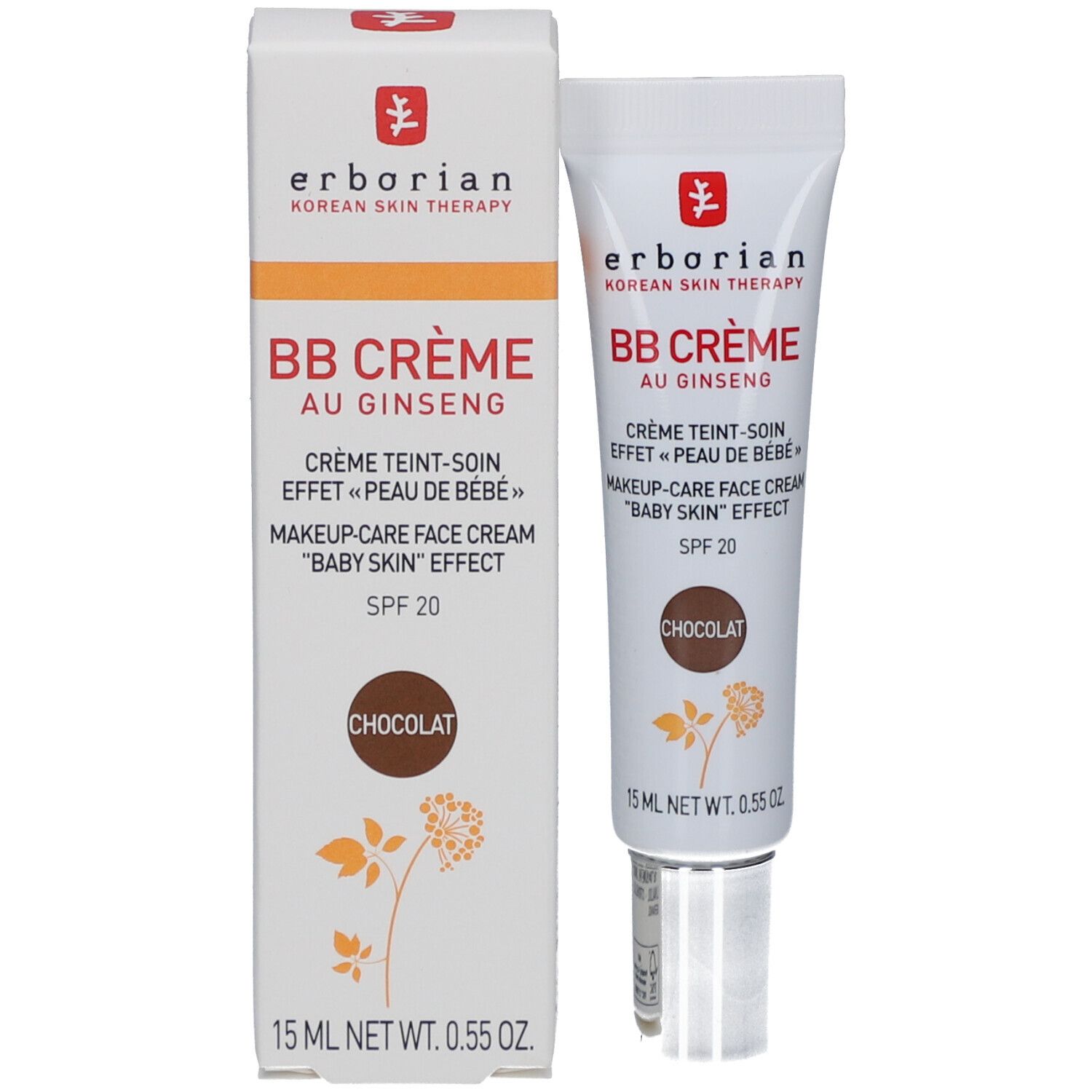 BB Crème Chocolat von Erborian in Tube und Verpackung. Weiß mit schwarzem und rotem Text. 15 ml.
