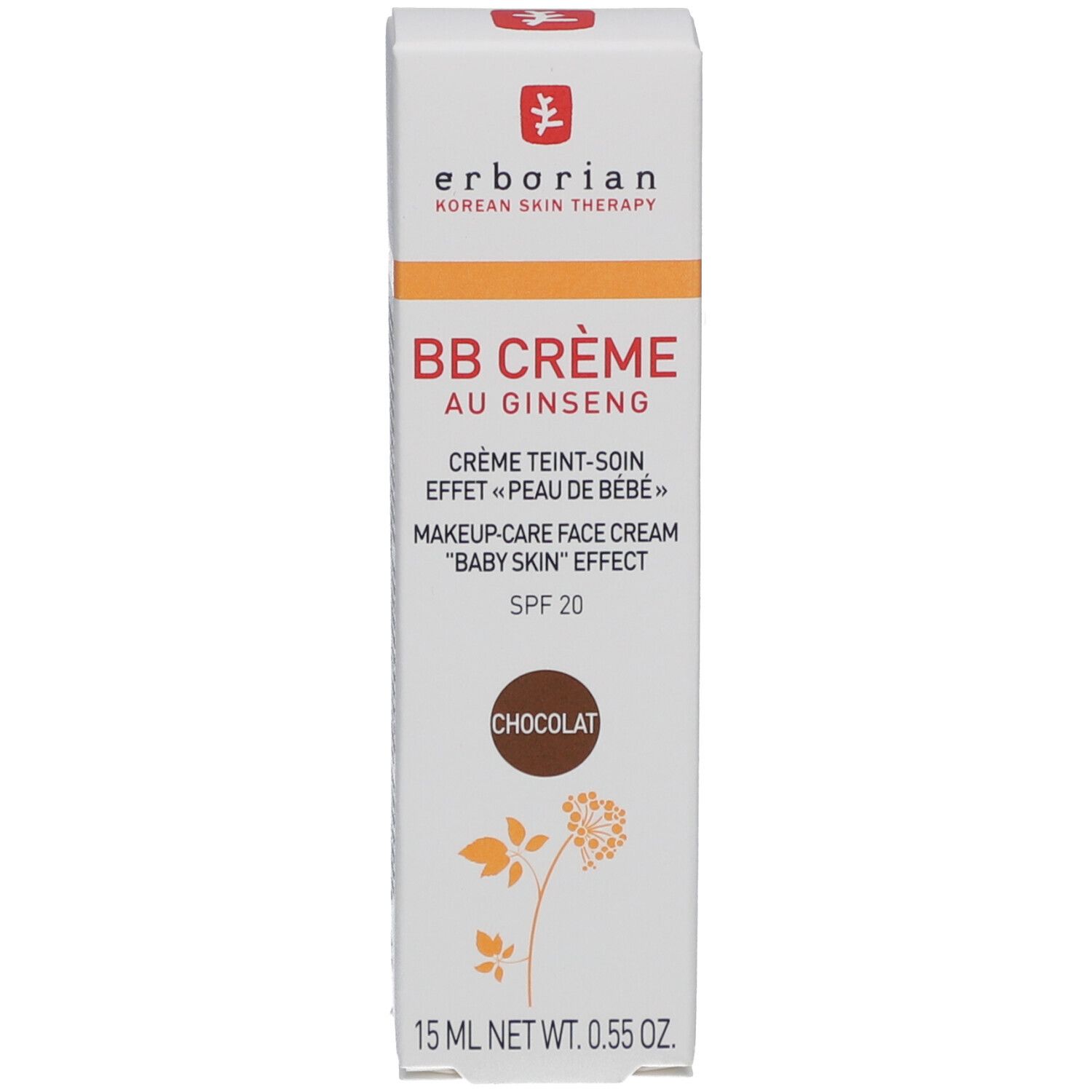 Weiße Verpackung mit BB Crème Chocolat von Erborian. Schwarzer und roter Text. 15 ml. Aufdruck.