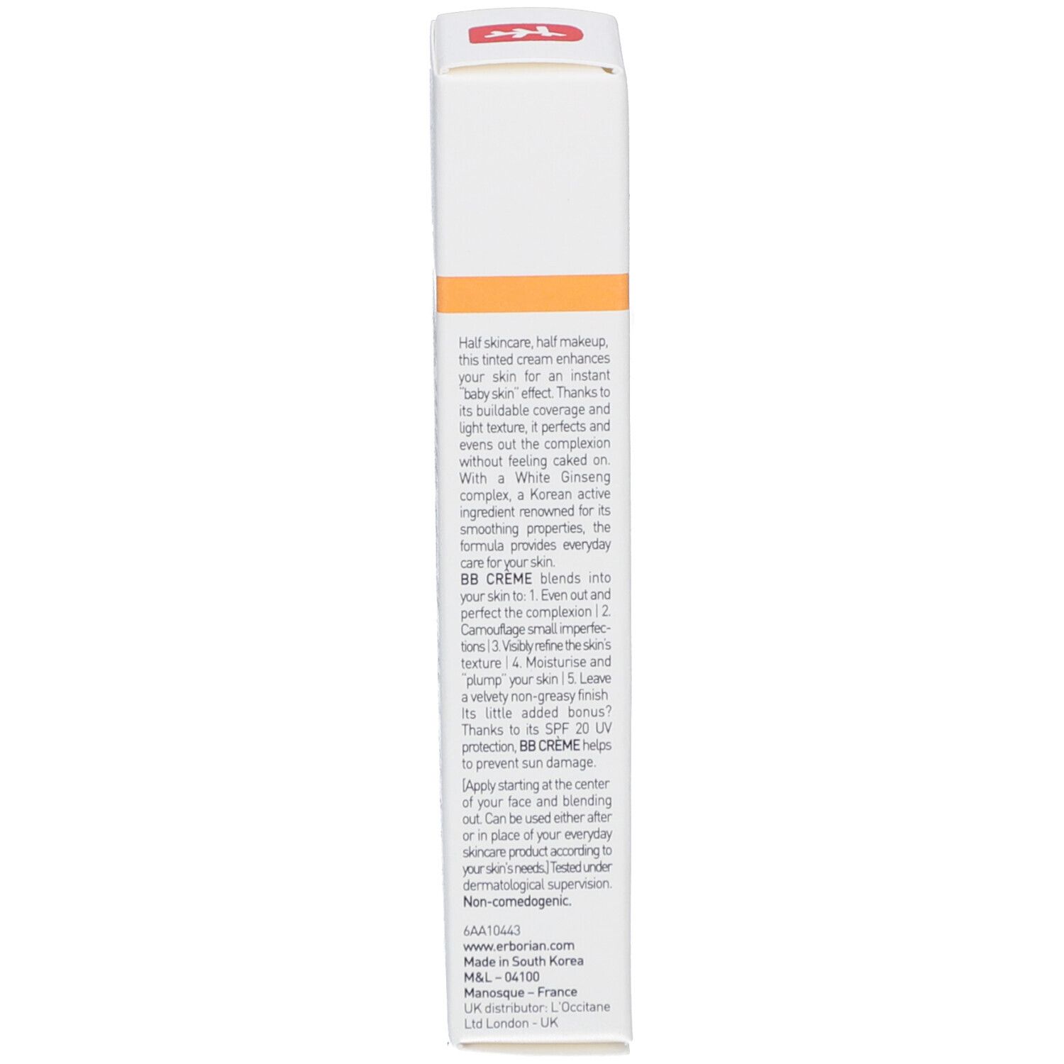 Weiße Verpackung mit Text. Marke Erborian. Informationen zur Anwendung und Inhaltsstoffe. Orangefarbener Streifen.