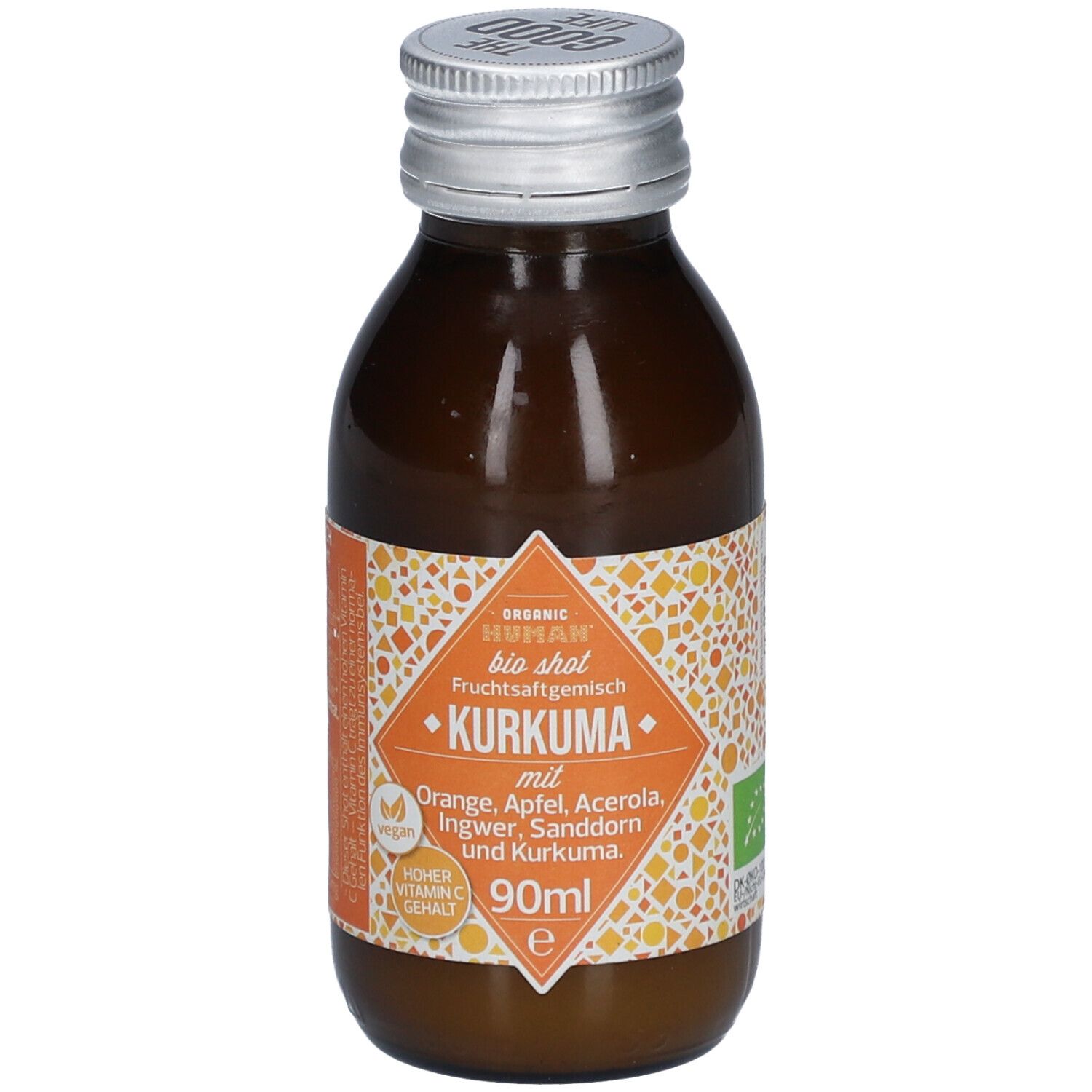 Braune Glasflasche mit silbernem Deckel. Etikett mit Produktnamen Kurkuma und Zutaten. 90ml.