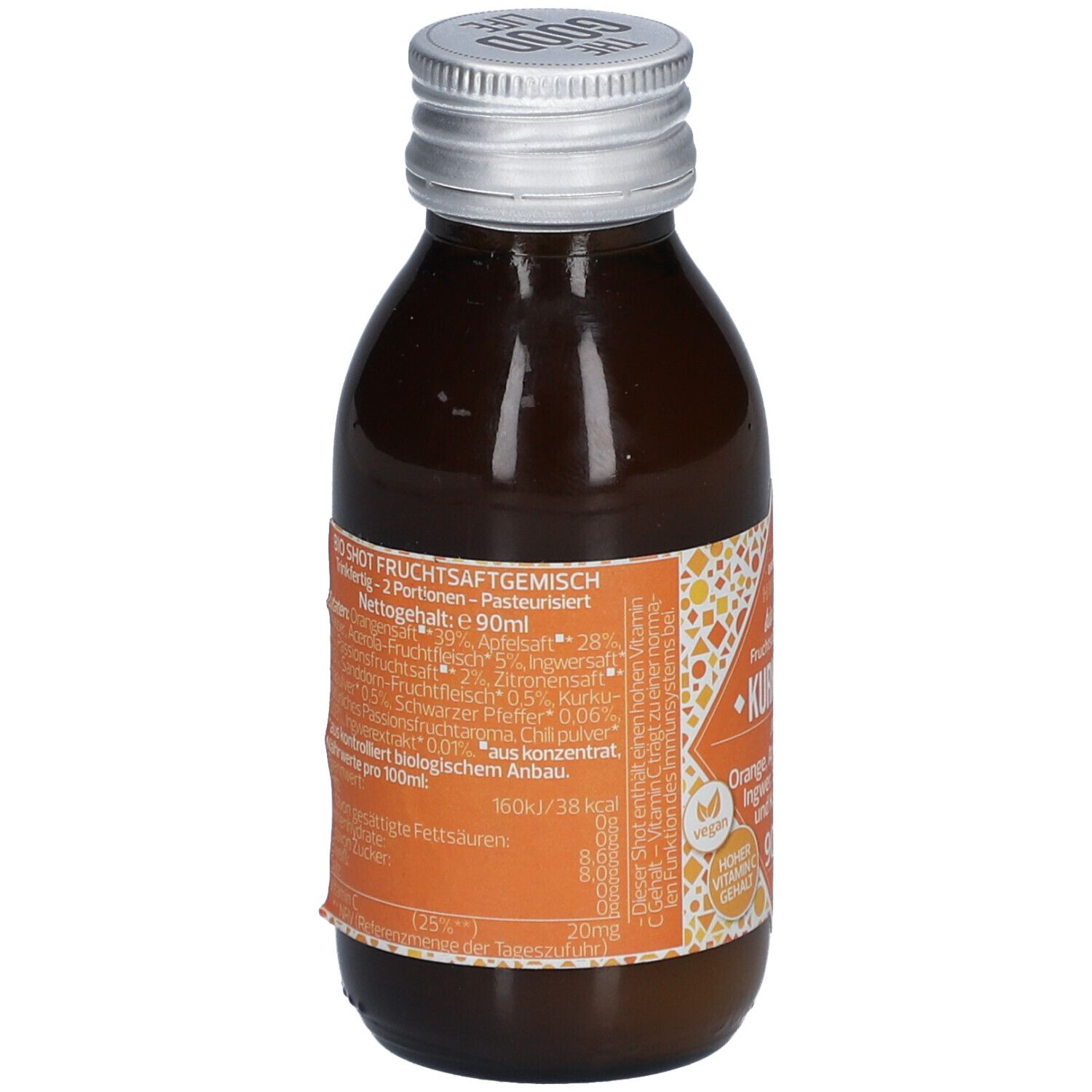 Rückseite der braunen Glasflasche. Etikett mit Nährwertangaben und Zutatenliste. 90ml.