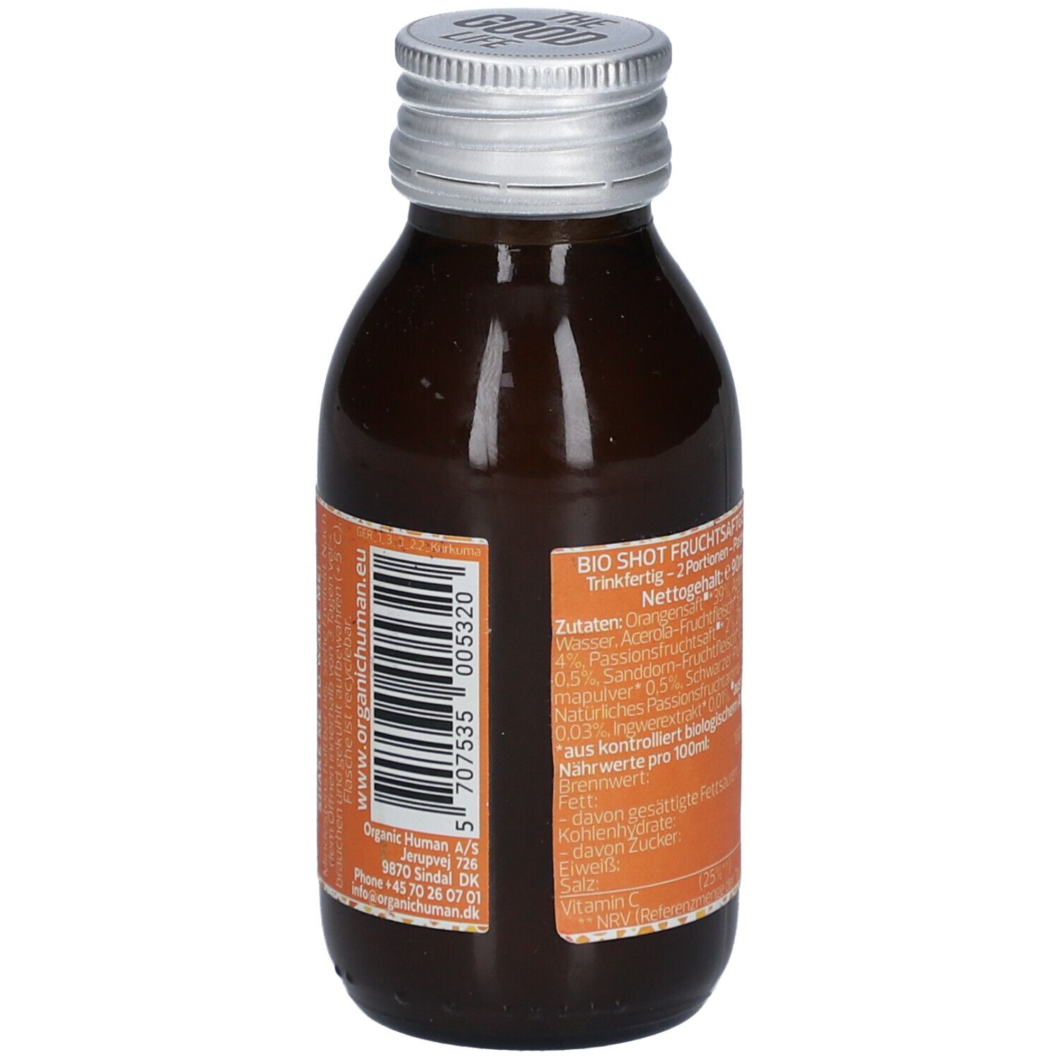 Rückseite der braunen Glasflasche. Etikett mit Zutaten, Nährwerten und Herstellerinformationen. 90ml.