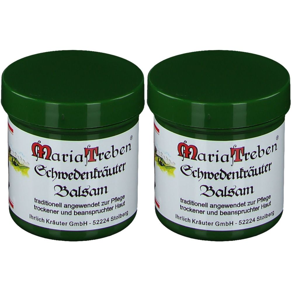 Zwei grüne Tiegel mit Deckel. Auf den Etiketten steht "Maria Treben Schwedenkräuter Balsam".