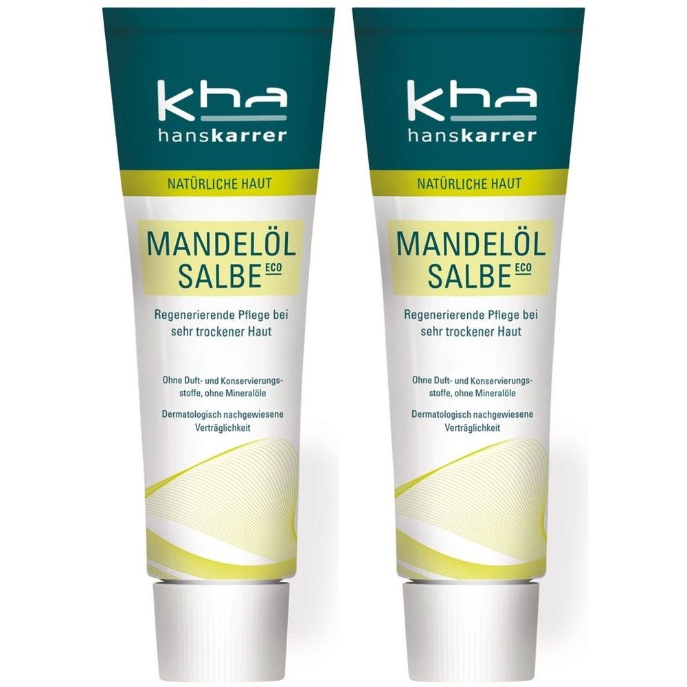 Deux tubes de HANS KARRER Mandelölsalbe Eco. Tubes blancs avec texte vert et fond jaune. Inscription: Mandelöl Salbe.