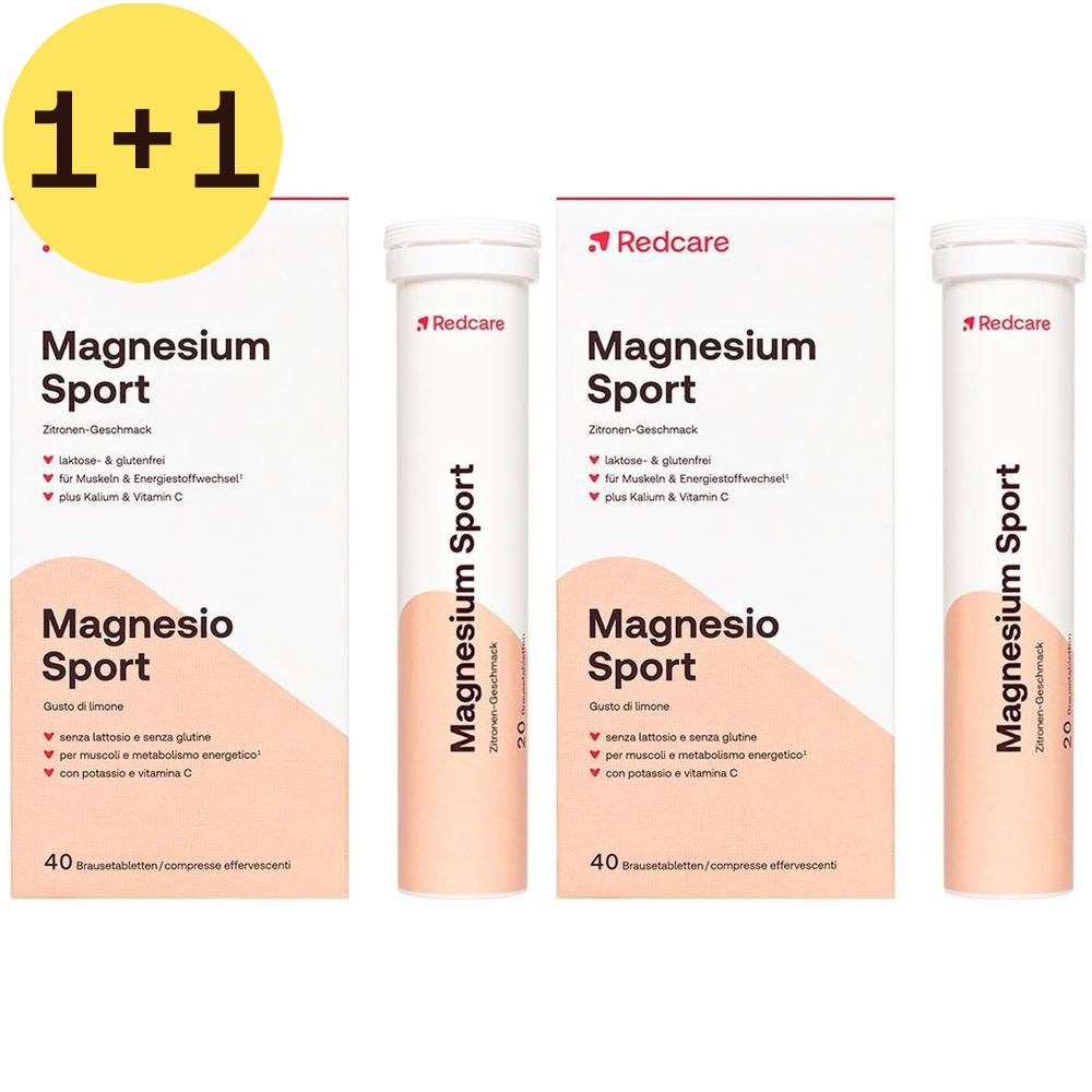 Trois boîtes et trois tubes de comprimés effervescents Redcare Magnesium Sport. Inscriptions : Magnesium Sport, citron, 40 comprimés. Avec autocollant 1+1.