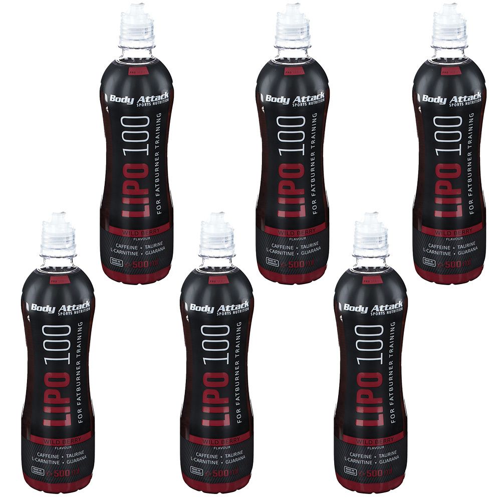 Sieben Flaschen Body Attack LIPO 100. Schwarze Flaschen mit roter Schrift. Enthält Koffein, Taurin, L-Carnitin, Guarana.