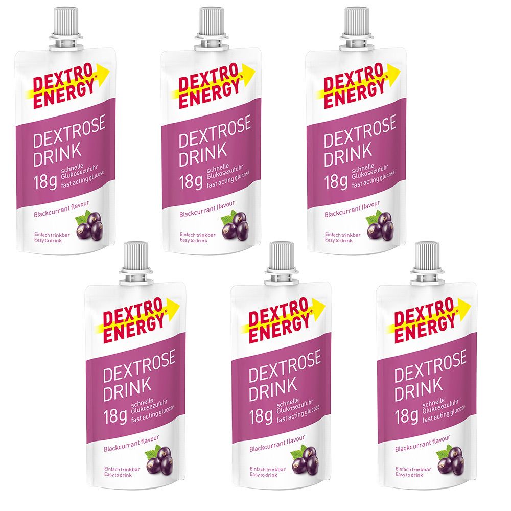 Sechs Beutel Dextrose Drink. Aufschrift: DEXTRO ENERGY, DEXTROSE DRINK, 18g, schwarze Johannisbeere. Mit Schraubverschluss und Abbildung von Johannisbeeren.