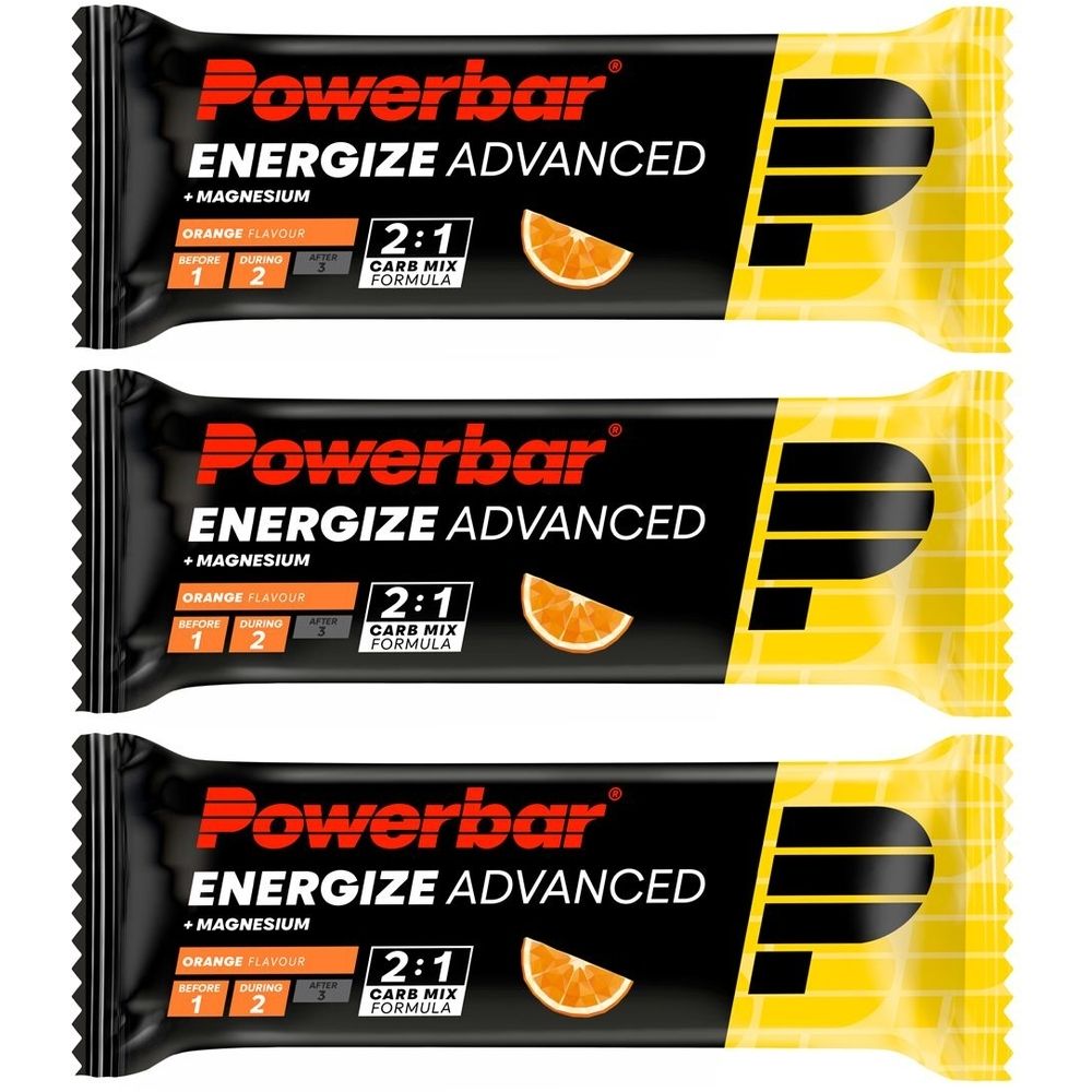 Trois barres énergétiques Powerbar Energize Advanced, goût orange, avec magnésium. Emballage noir avec des accents jaunes et logo.