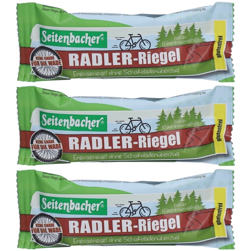 Drei verpackte Riegel. Aufschrift: Seitenbacher RADLER-Riegel, glutenfrei. Abbildung eines Fahrrads und Bäume.