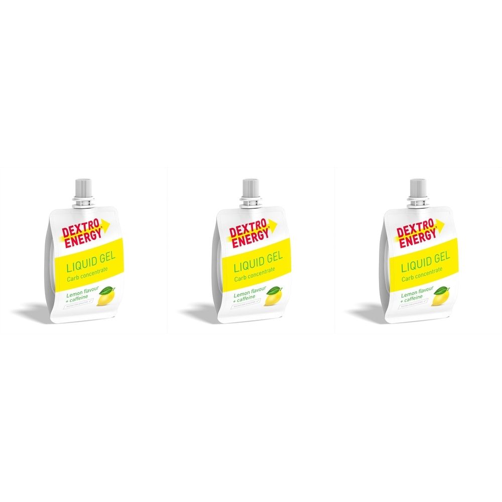 Trois sachets de Dextro Energy Liquid Gel. Sachet blanc avec étiquette jaune et informations produit. Goût citron.
