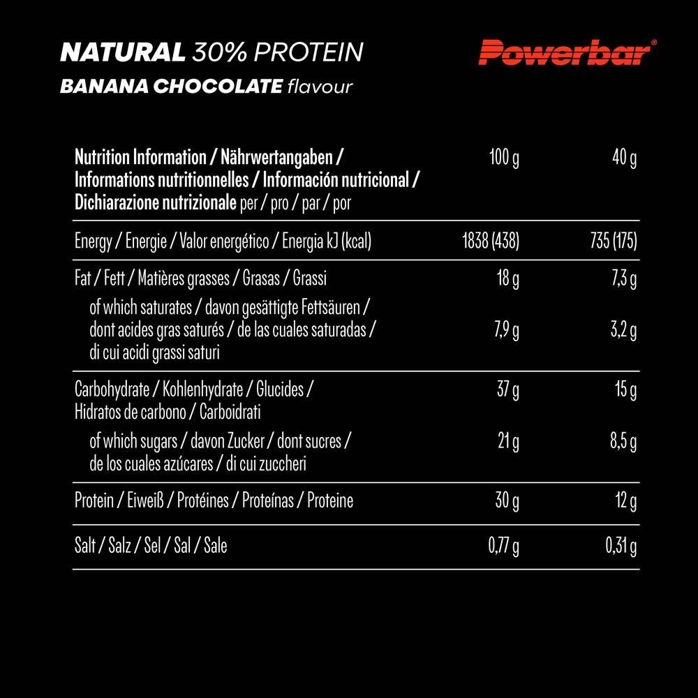 Nährwerttabelle für Powerbar NATURAL PROTEIN Bananen-Schokolade. Angaben pro 100g und 40g. Enthält Informationen zu Energie, Fett, etc.