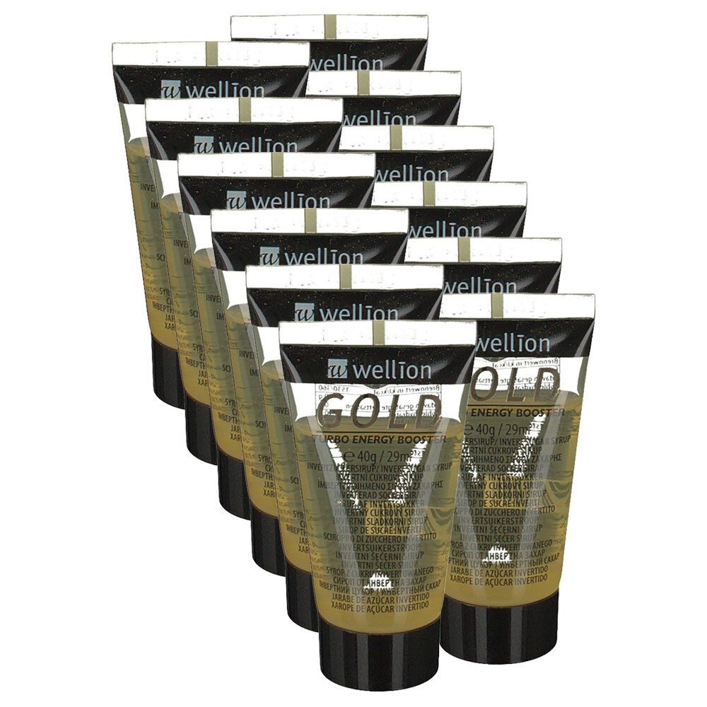 Plusieurs tubes de contenu doré. Chaque tube porte l'inscription "wellion GOLD ENERGY BOOST". Bouchon et texte noirs.