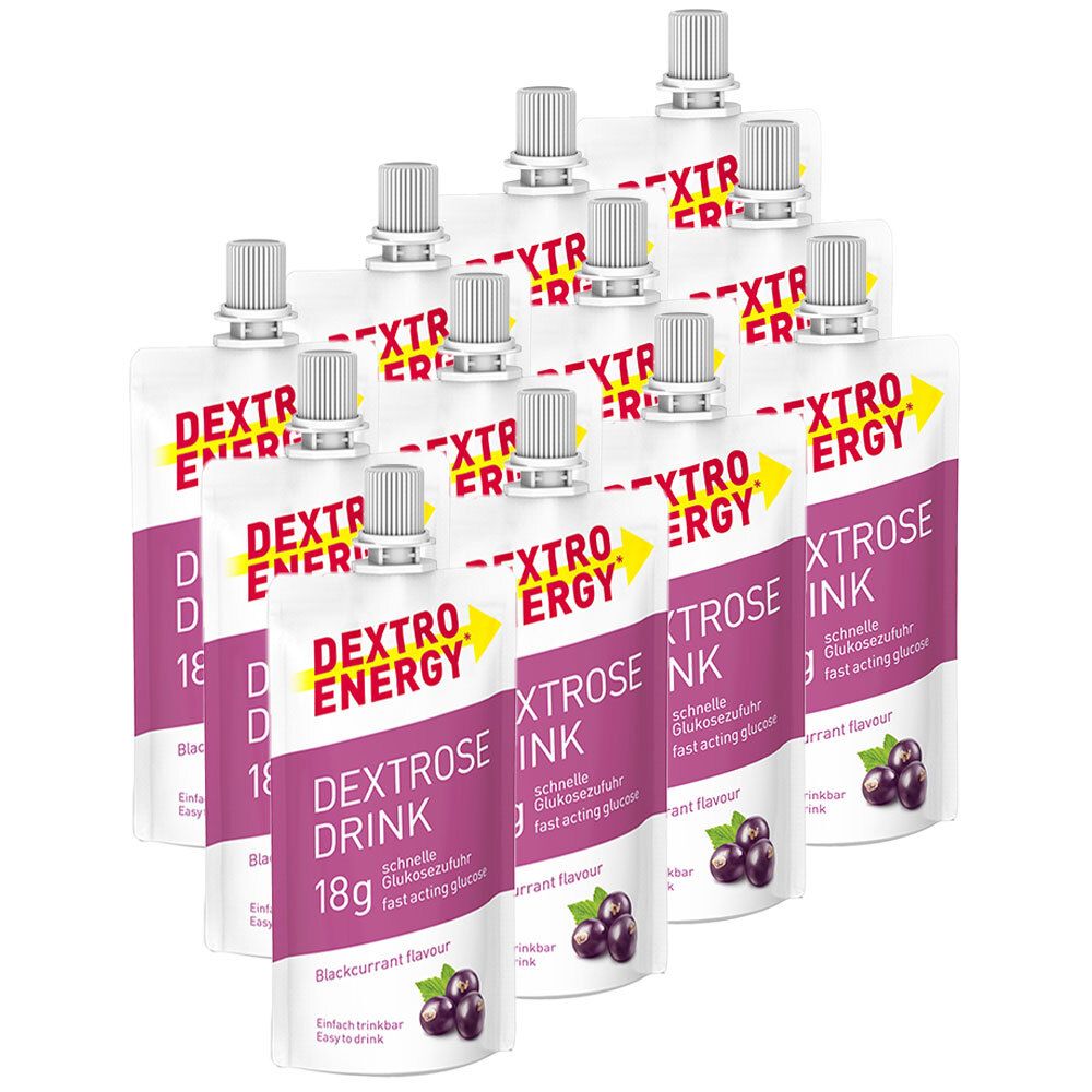 Mehrere Beutel Dextrose Drink, schwarze Johannisbeere. Aufdruck: DEXTRO ENERGY, DEXTROSE DRINK, 18g, schnelle Glukosezufuhr.