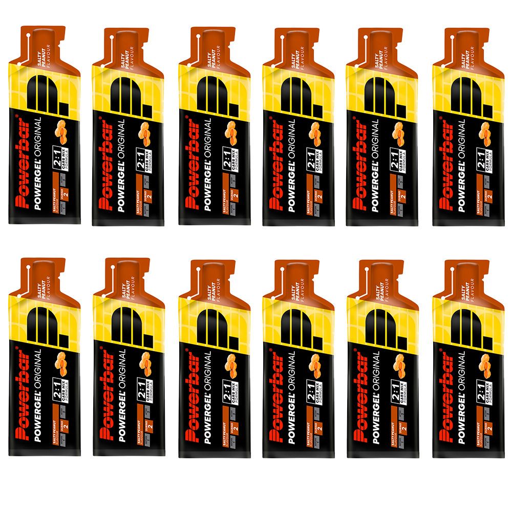 12 Beutel PowerBar PowerGel Original, Erdnuss-Geschmack. Gelbe und braune Verpackung mit Logo und Schriftzug.