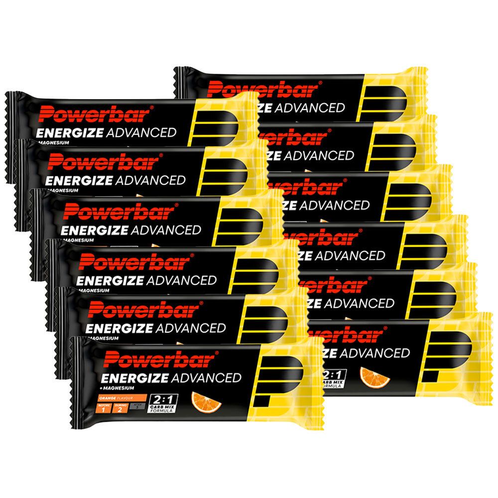 Plusieurs barres emballées en jaune. Inscription : Powerbar, Energize Advanced, Orange. Mélange 2:1.