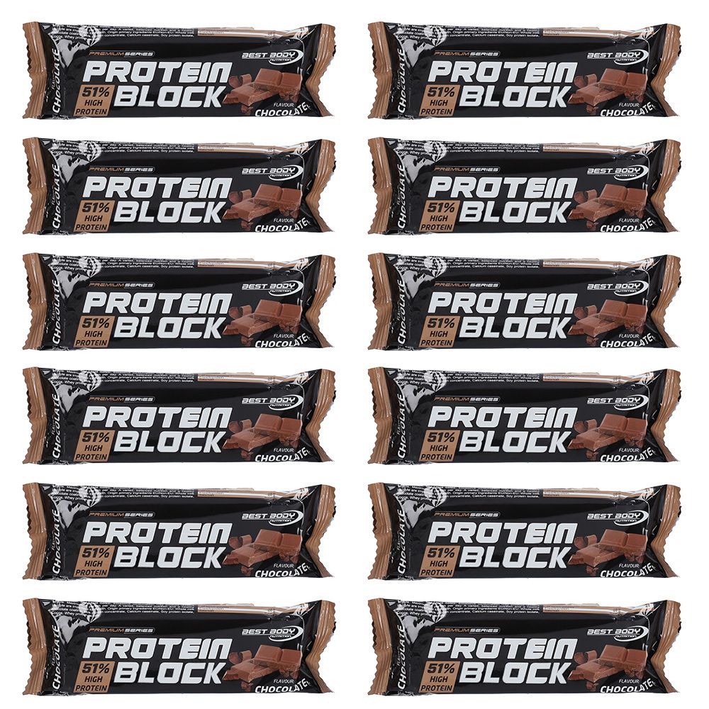 Plusieurs barres protéinées emballées. Inscription : Protein Block, 51% High Protein, Chocolate. Marque : Best Body.