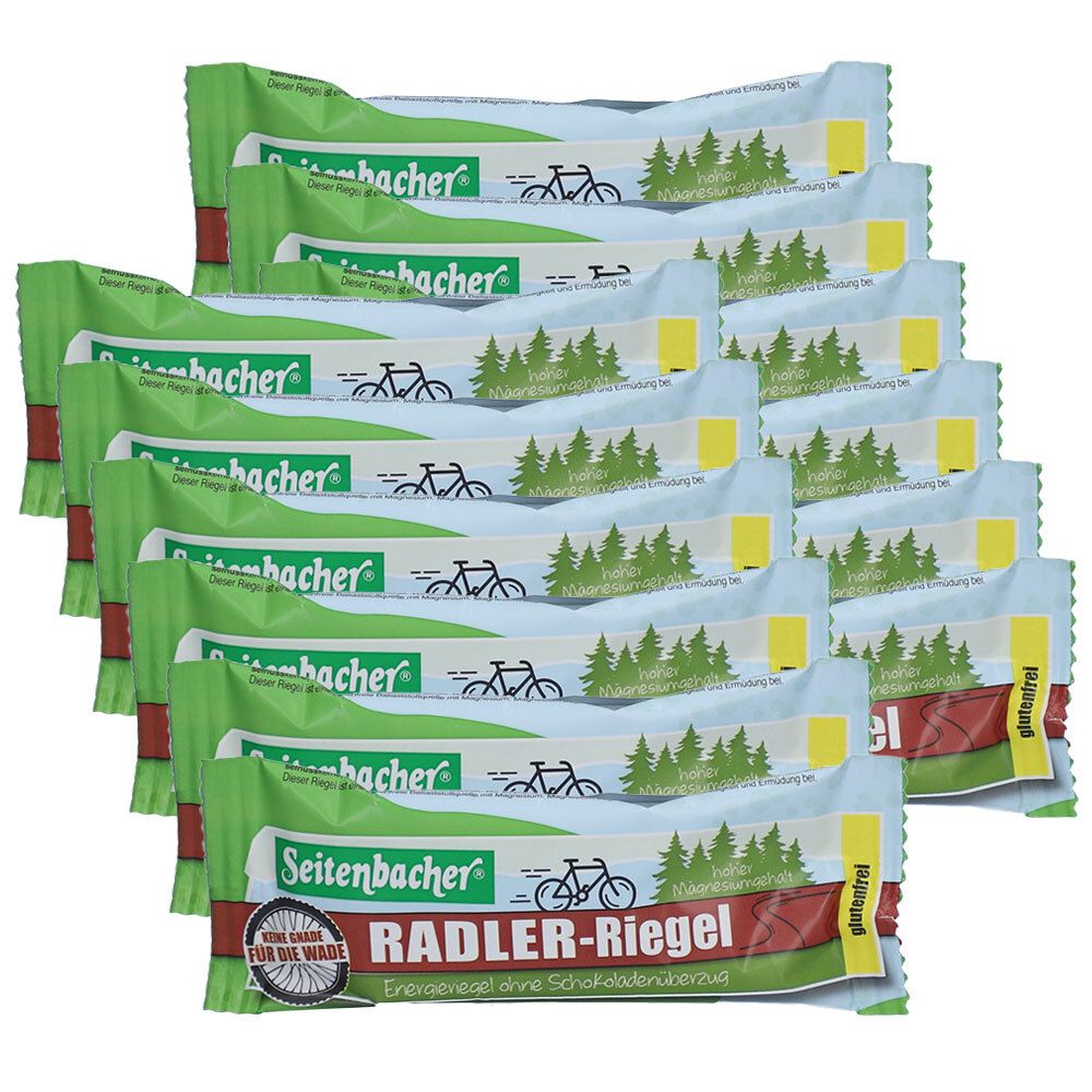 Mehrere Riegel in grüner Verpackung. Aufdruck: Seitenbacher, Radler-Riegel, Fahrrad-Symbol, glutenfrei.