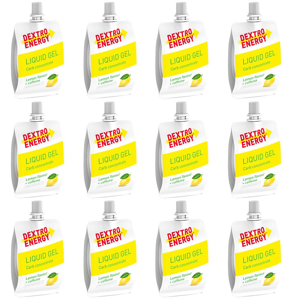Douze sachets de Dextro Energy Liquid Gel. Emballage blanc et jaune avec nom du produit et illustration de citron. Avec bouchon à vis.
