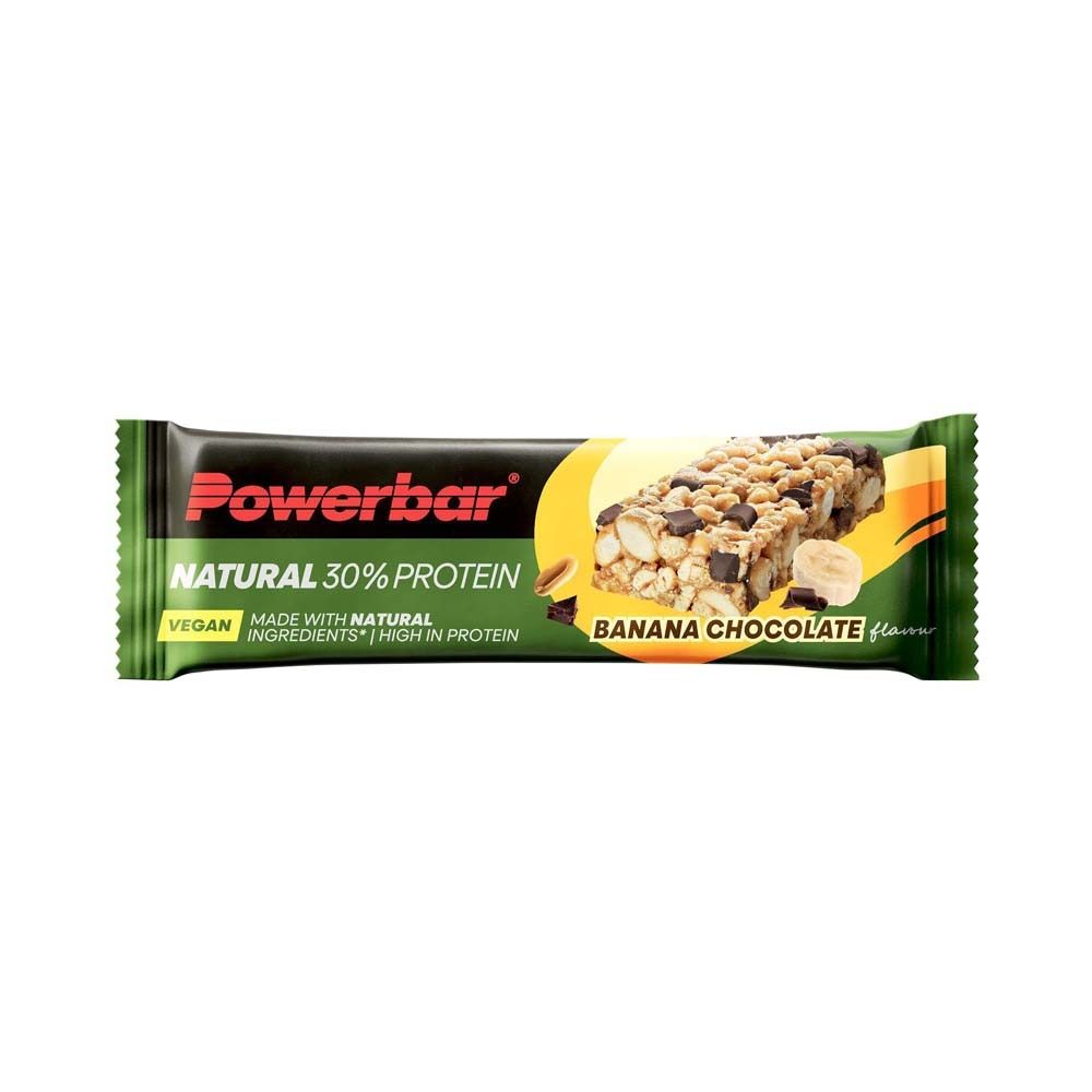Barre Powerbar NATURAL PROTEIN Banane-Chocolat. Emballage vert avec image du produit. Texte: NATURAL 30% PROTEIN, Vegan.