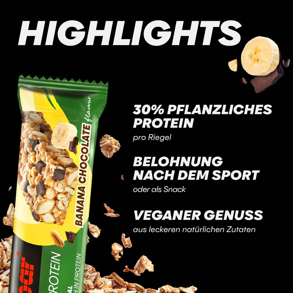 Barre Powerbar NATURAL PROTEIN Banane-Chocolat. Emballage vert. Texte: 30% protéines végétales, plaisir végétalien.
