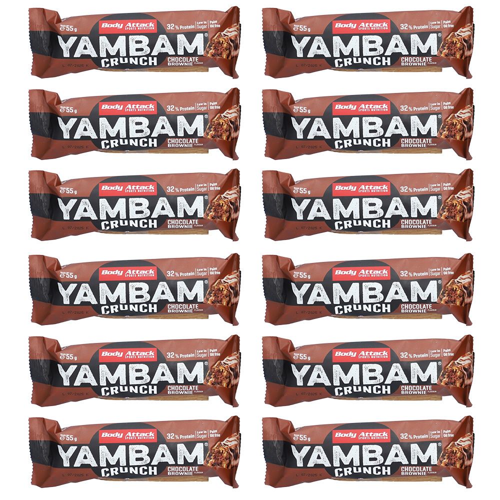 Mehrere Riegel in brauner Verpackung. Aufschrift: YAMBAM CRUNCH, Chocolate Brownie. Marke: Body Attack.