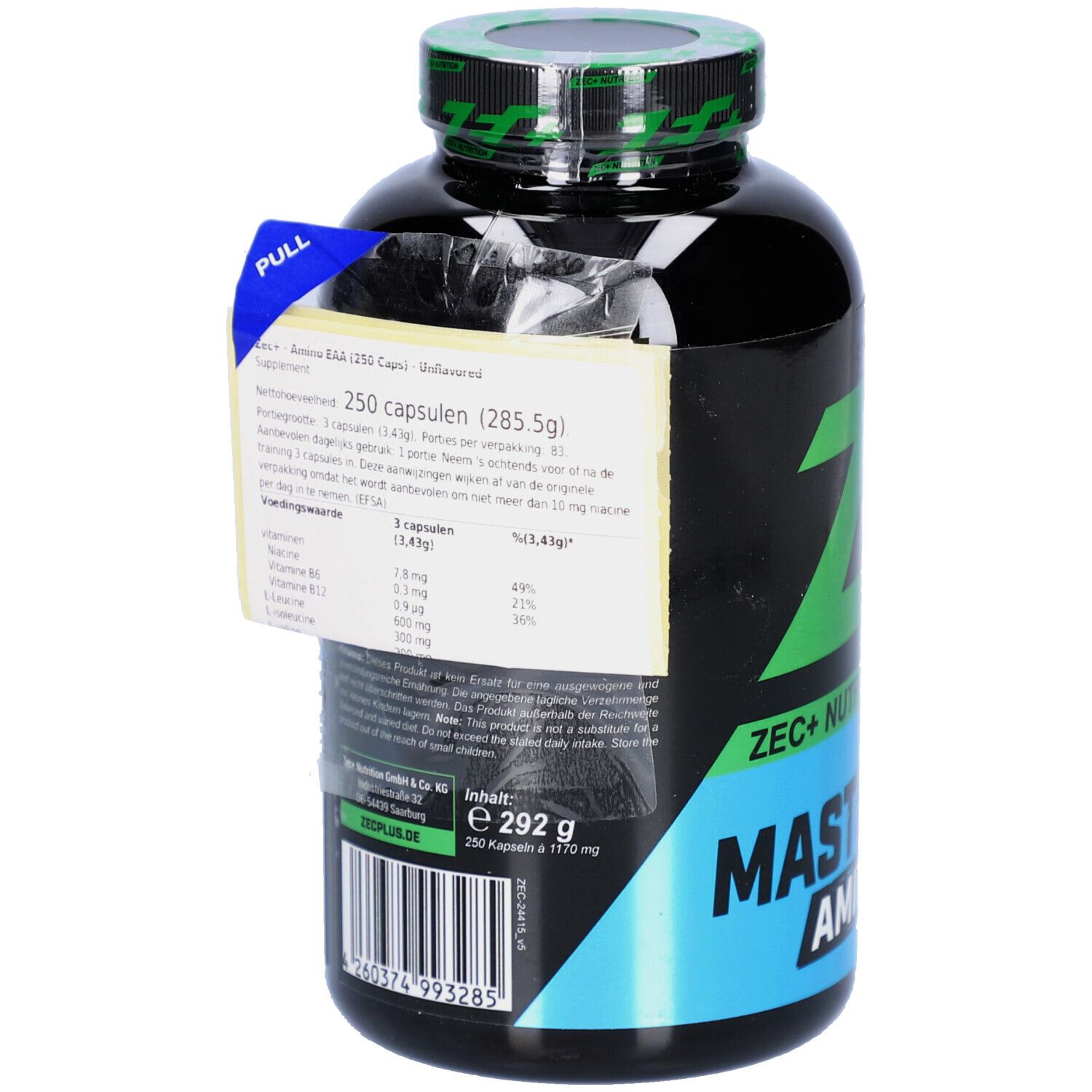 Flacon noir avec bouchon vert. Inscription ZEC+ MASTER AMINO EAA. 250 gélules. Étiquette avec informations nutritionnelles.