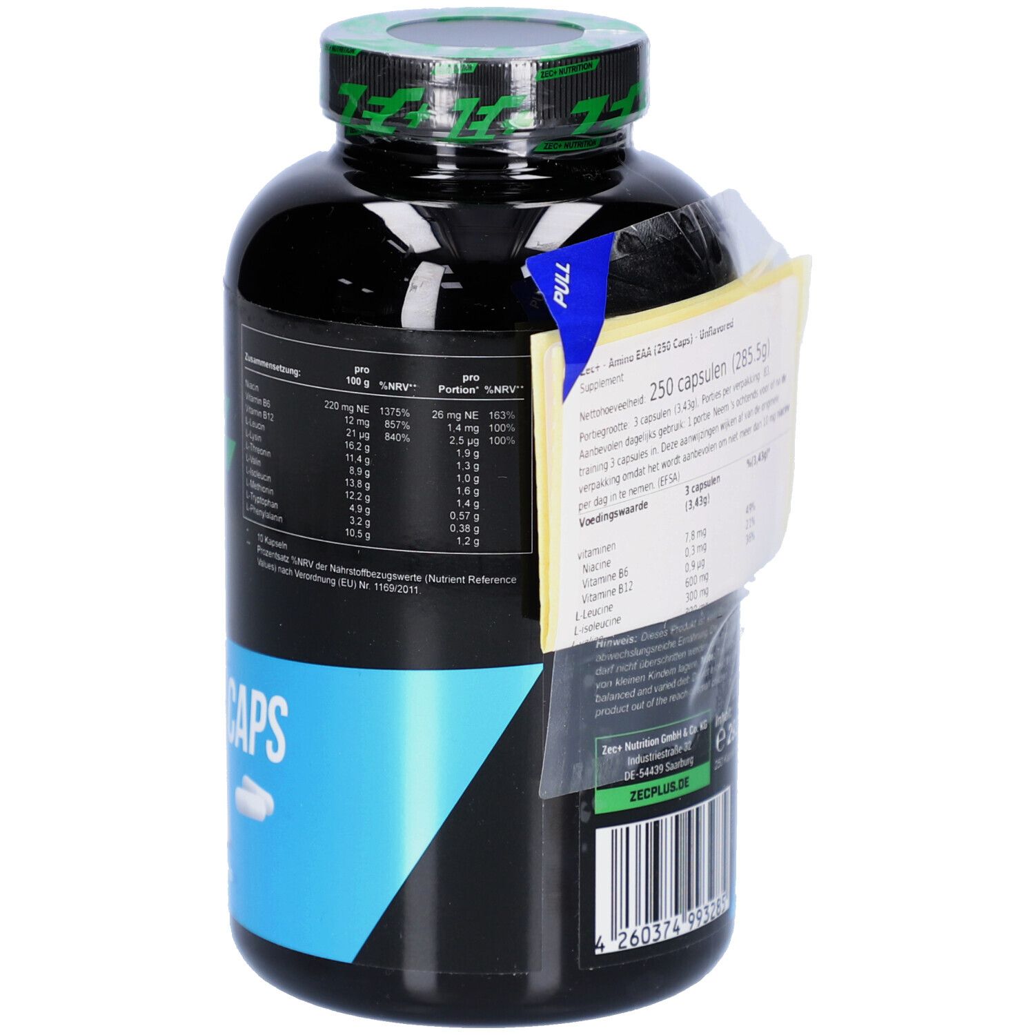 Flacon noir avec bouchon vert. Inscription ZEC+ EAA CAPS. Étiquette avec informations nutritionnelles et code-barres.