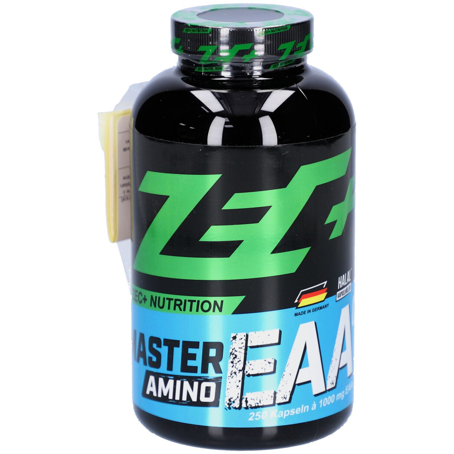 Flacon noir avec bouchon vert. Inscription ZEC+ MASTER AMINO EAA. 250 gélules. Fabriqué en Allemagne.