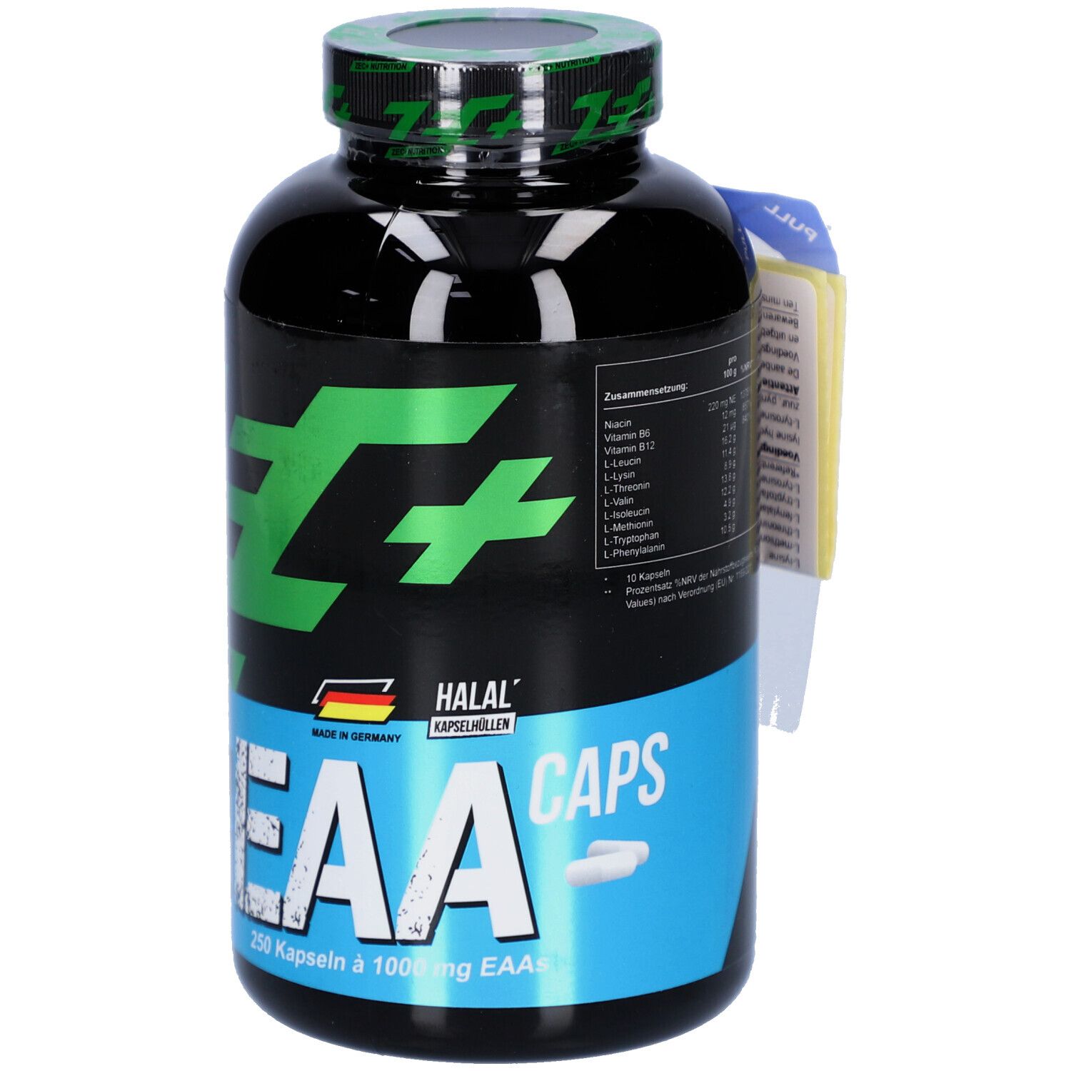 Flacon noir avec bouchon vert. Inscription ZEC+ EAA CAPS. 250 gélules. Certification Halal. Fabriqué en Allemagne.
