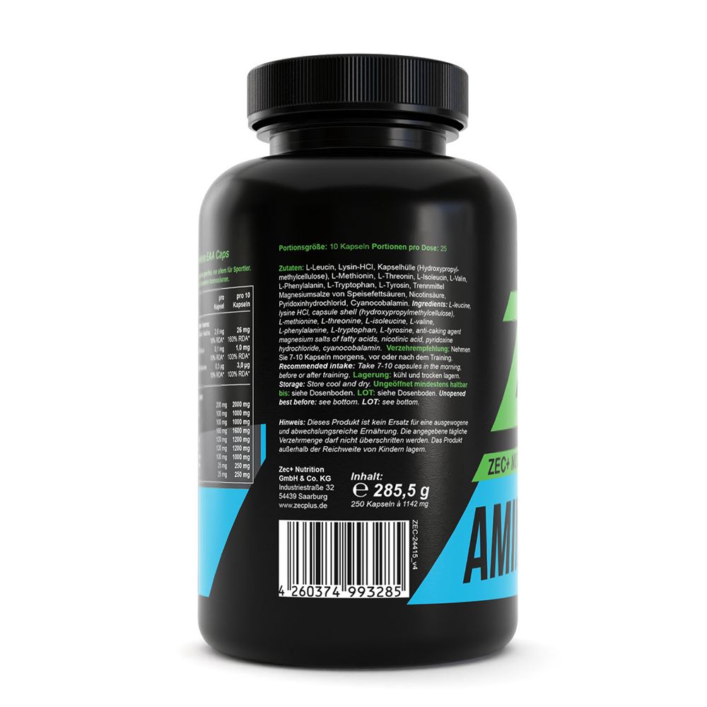 Rückseite der Dose ZEC+ Master Amino EAA Kapseln. Enthält Inhaltsstoffliste und Barcode.