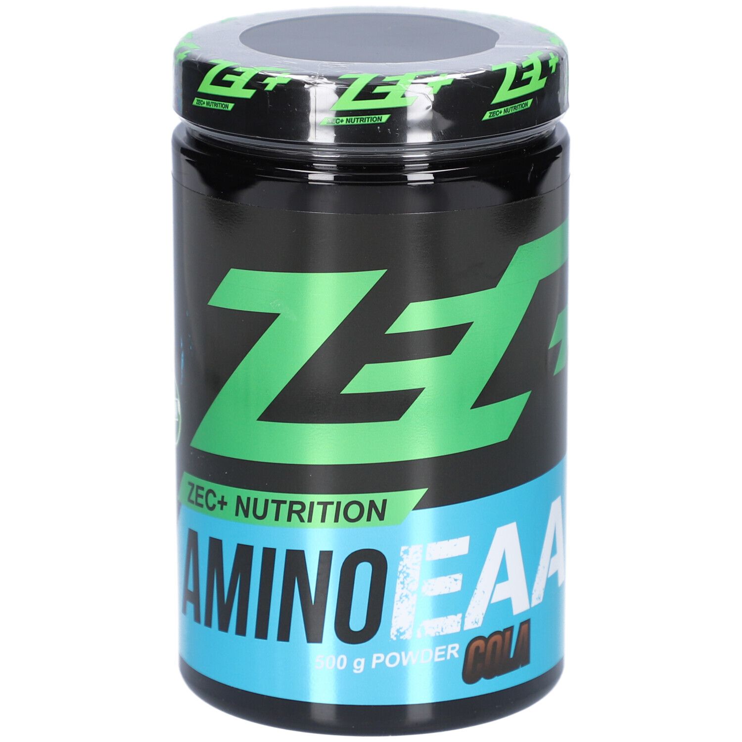 Schwarze Dose mit grünem Deckel und Schriftzug. Aufschrift: ZEC+ AMINO EAA Cola. 500 g Pulver.