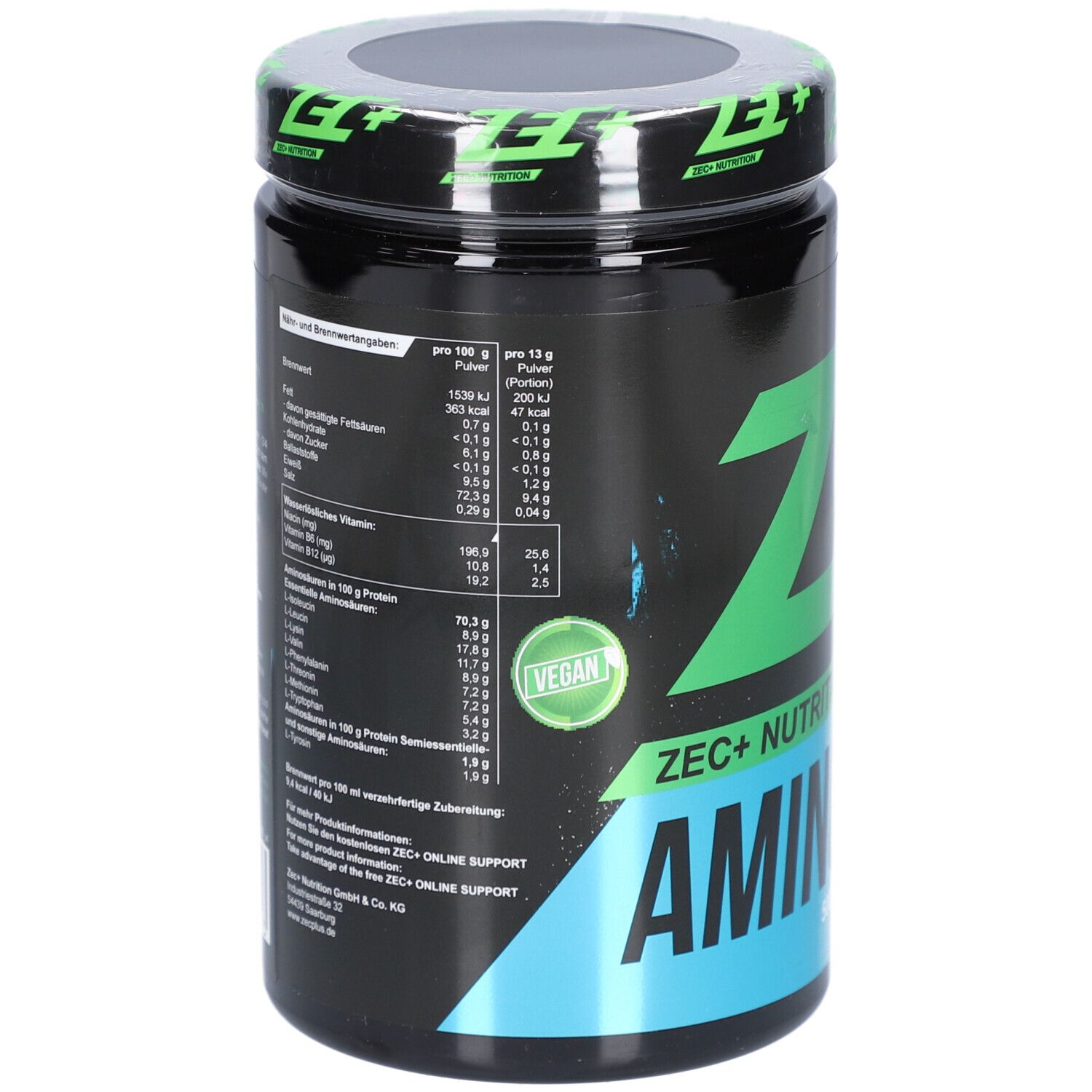 Schwarze Dose mit Nährwertangaben. Aufschrift: ZEC+ AMINO EAA. Vegan-Siegel. 500 g Pulver.