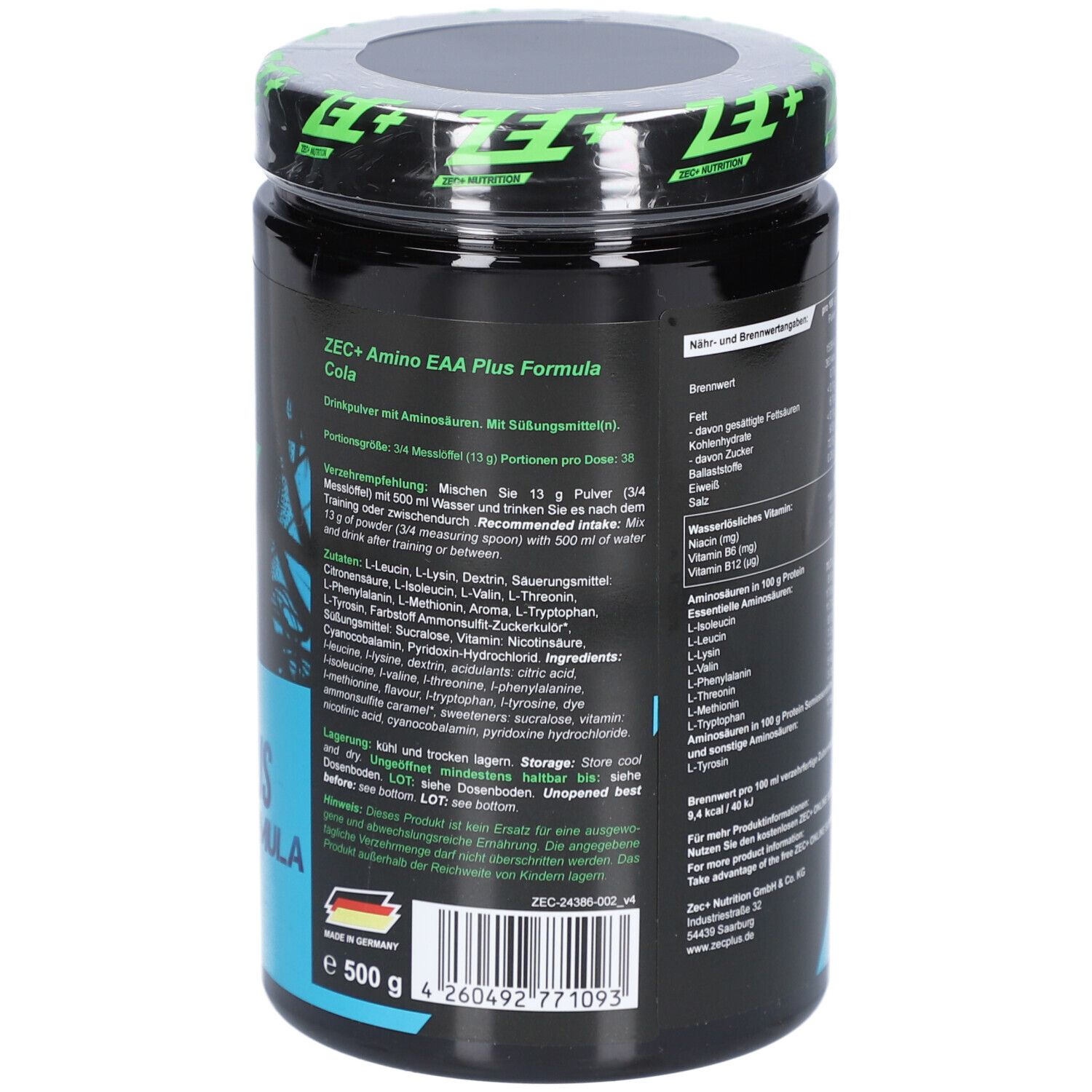 Schwarze Dose mit Zutatenliste. Aufschrift: ZEC+ Amino EAA Plus Formula Cola. 500 g. Hergestellt in Deutschland.