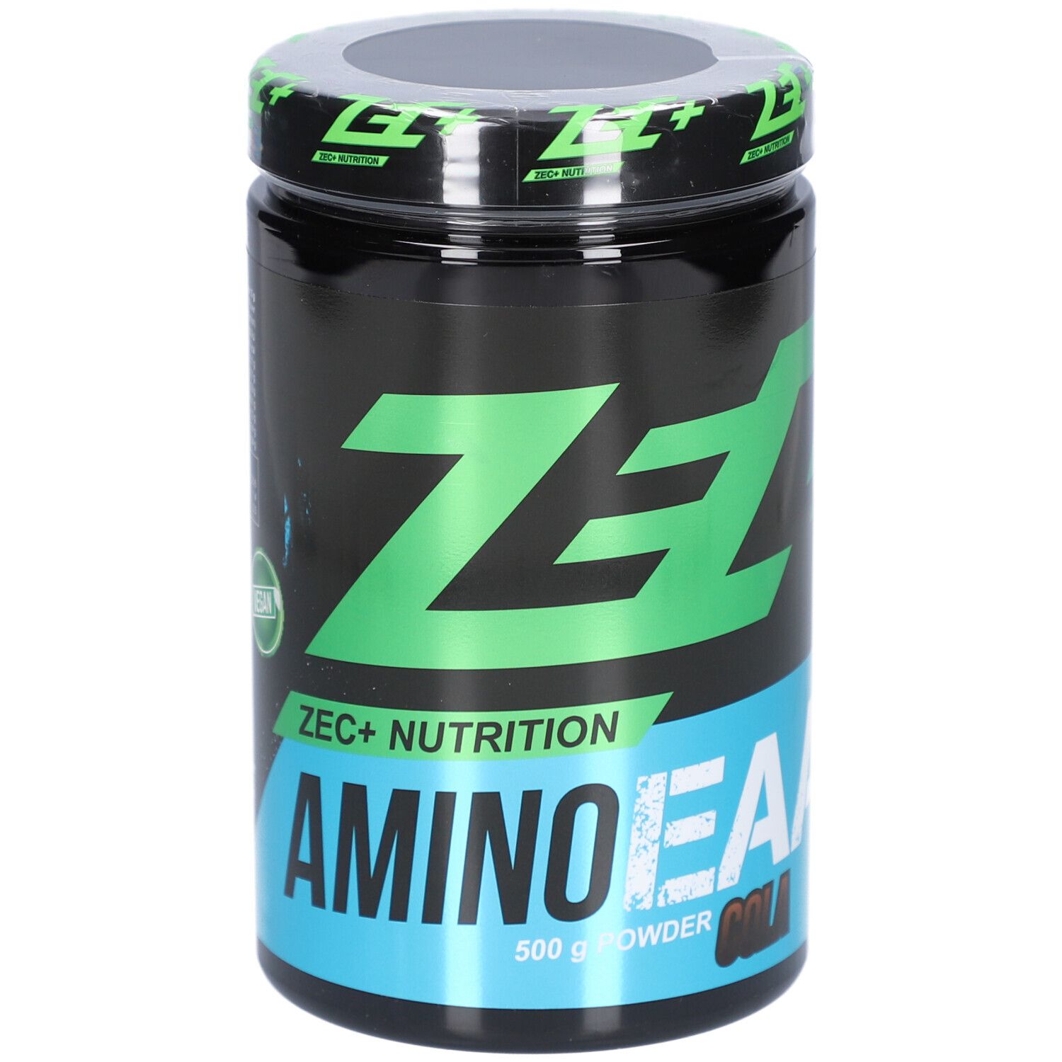 Schwarze Dose mit grünem Deckel und Schriftzug. Aufschrift: ZEC+ AMINO EAA Cola. 500 g Pulver.
