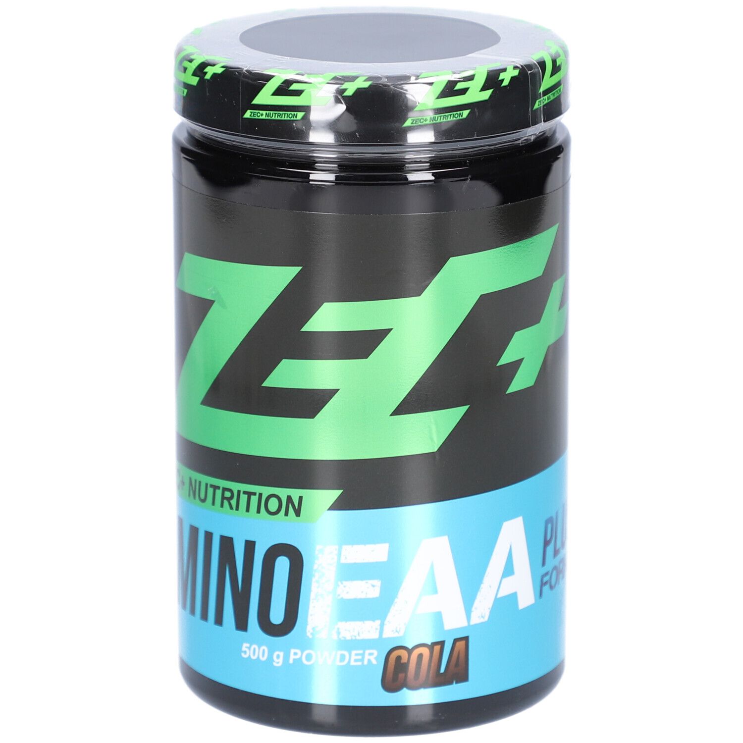 Schwarze Dose mit grünem Deckel und Schriftzug. Aufschrift: ZEC+ AMINO EAA Plus Formula. 500 g Pulver Cola.