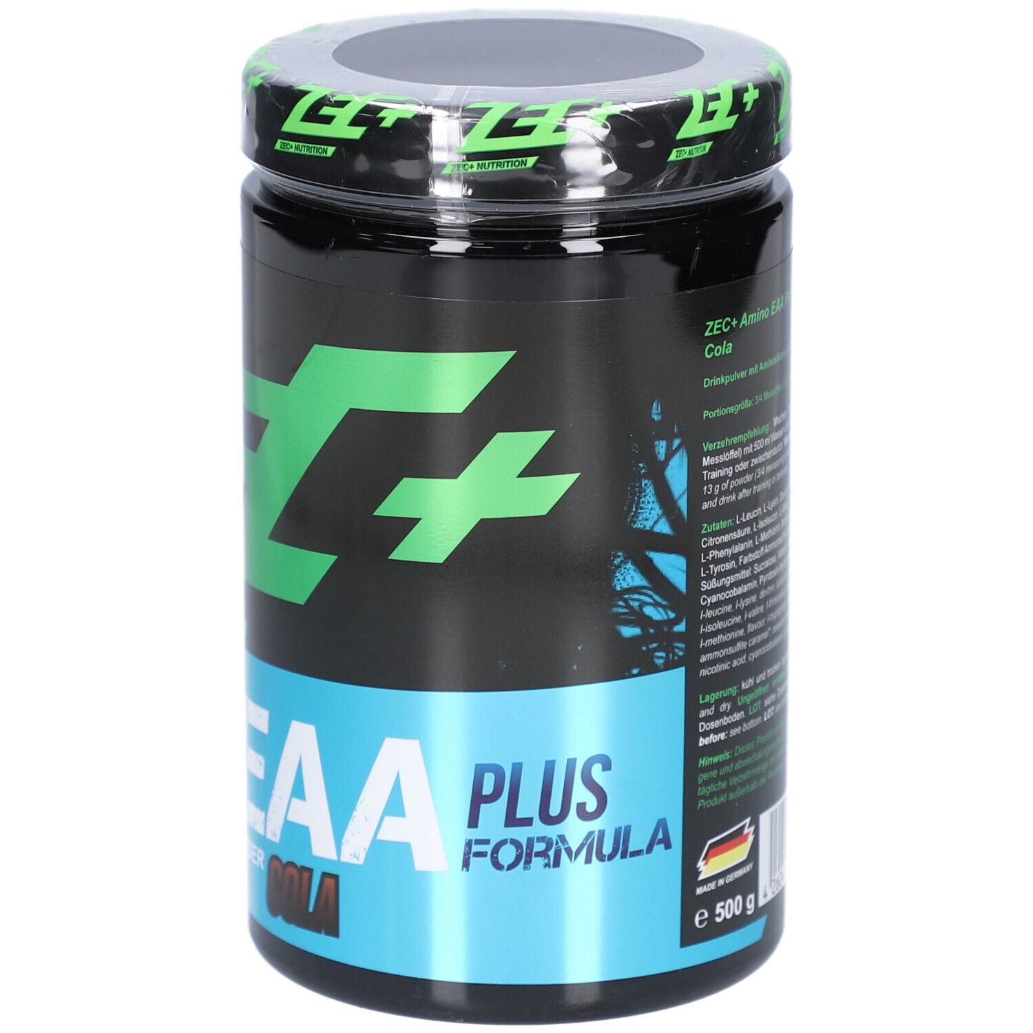 Schwarze Dose mit grünem Deckel und Schriftzug. Aufschrift: ZEC+ Amino EAA Plus Formula Cola. 500 g.