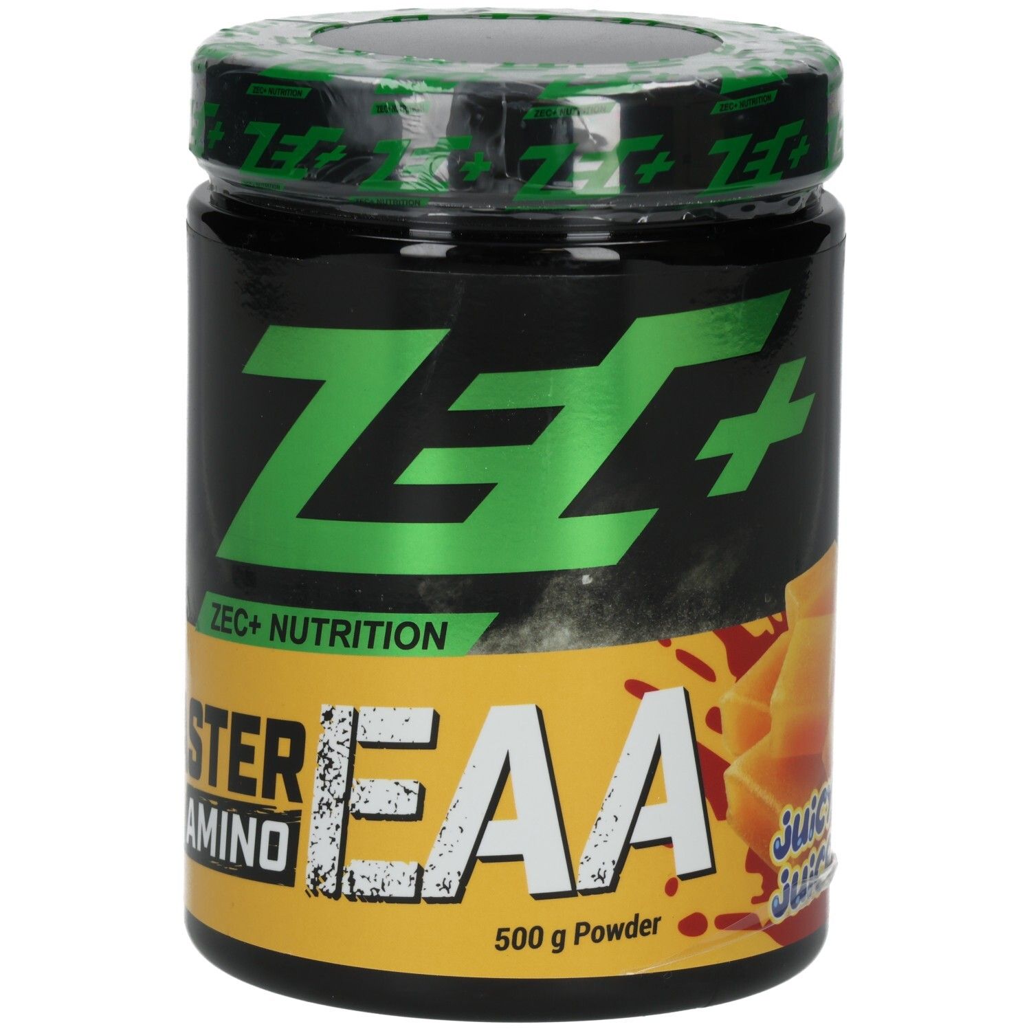 Boîte noire avec logo vert "ZEC+" et inscription "AMINO EAA". Accents bleus. "Juicy Juice" en dessous.
