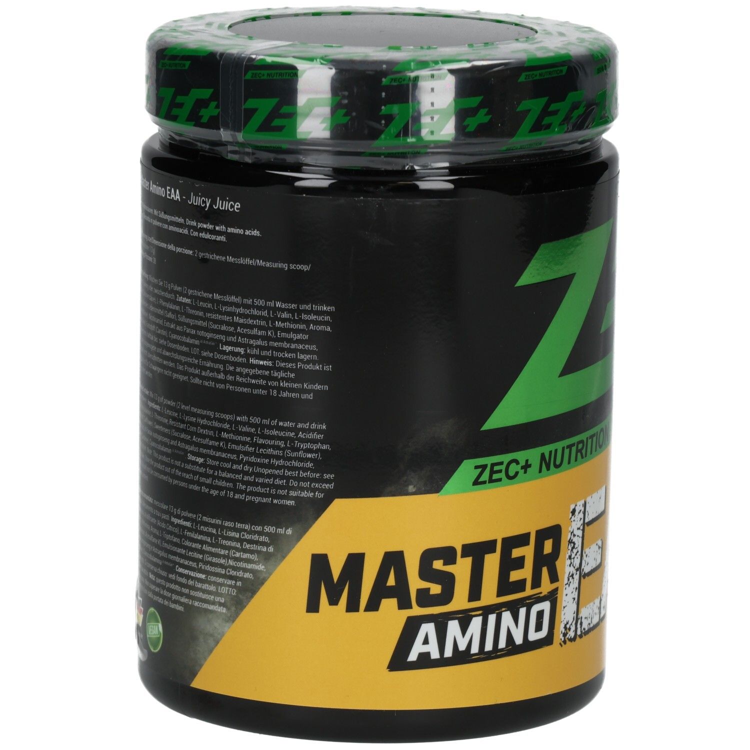 Dos du pot noir. Informations nutritionnelles et ingrédients. Logo "VEGAN". "ZEC+ NUTRITION" et "AMINO EAA".