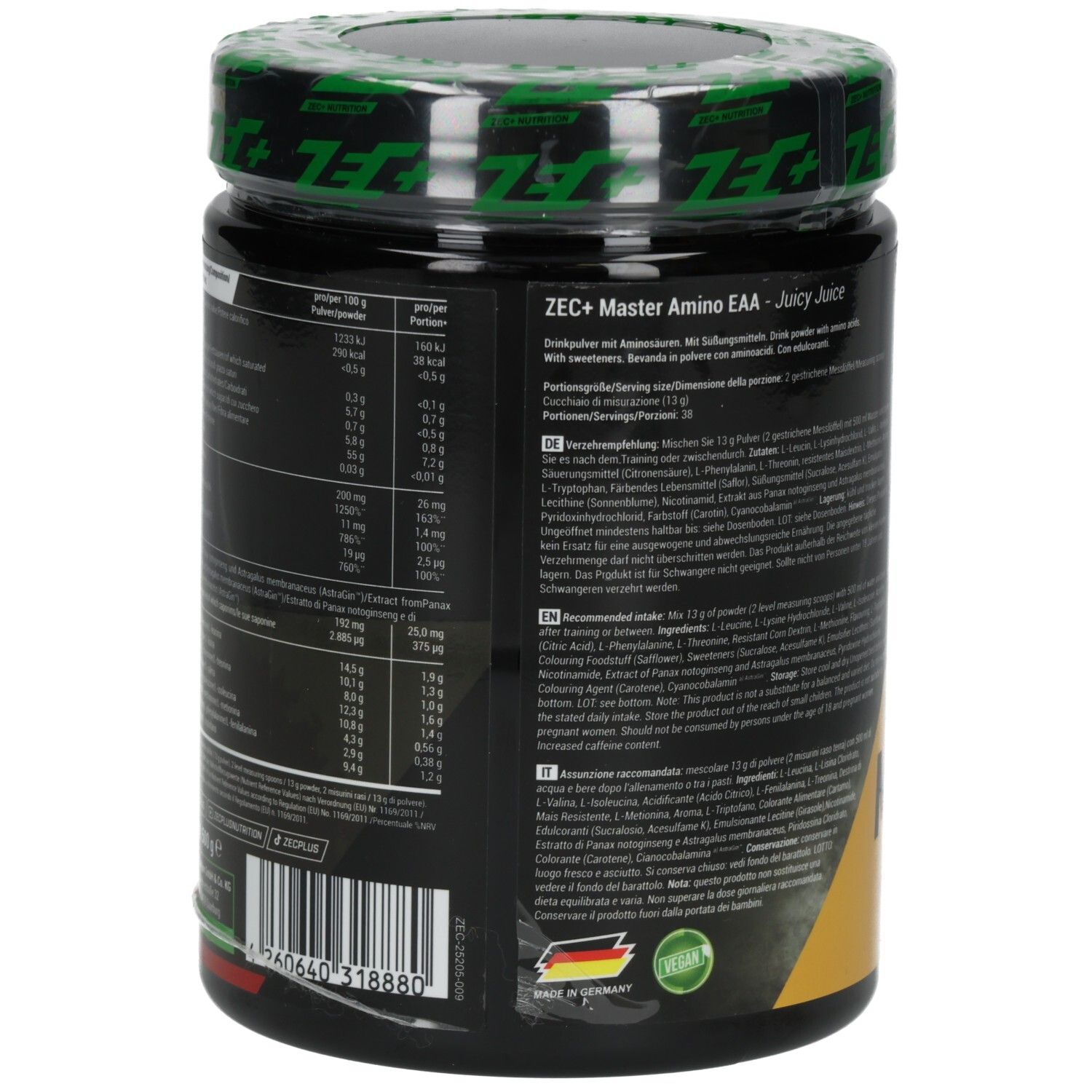 Dos du pot avec texte. "ZEC+ Amino EAA Plus Formula Juicy Juice". Ingrédients et instructions d'utilisation.