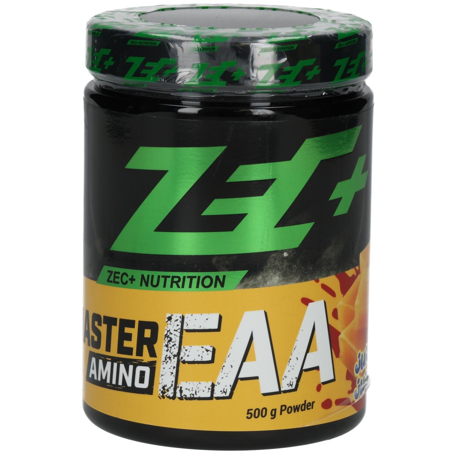 Boîte noire avec logo vert "ZEC+" et inscription "AMINO EAA". Accents bleus. "Juicy Juice" en dessous. 500g.
