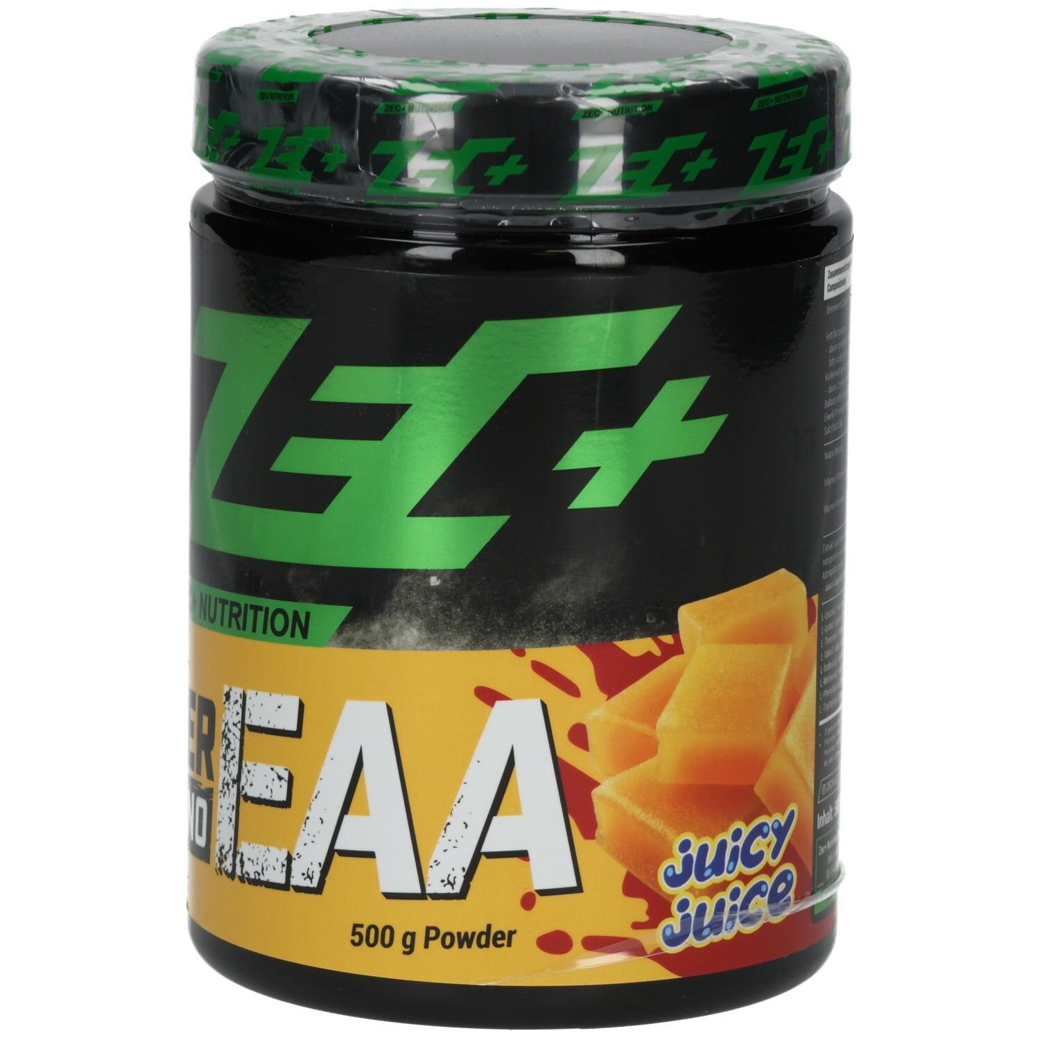 Boîte noire avec logo vert "ZEC+" et inscription "AMINO EAA". Accents bleus. "Juicy Juice" et "500 g Powder".