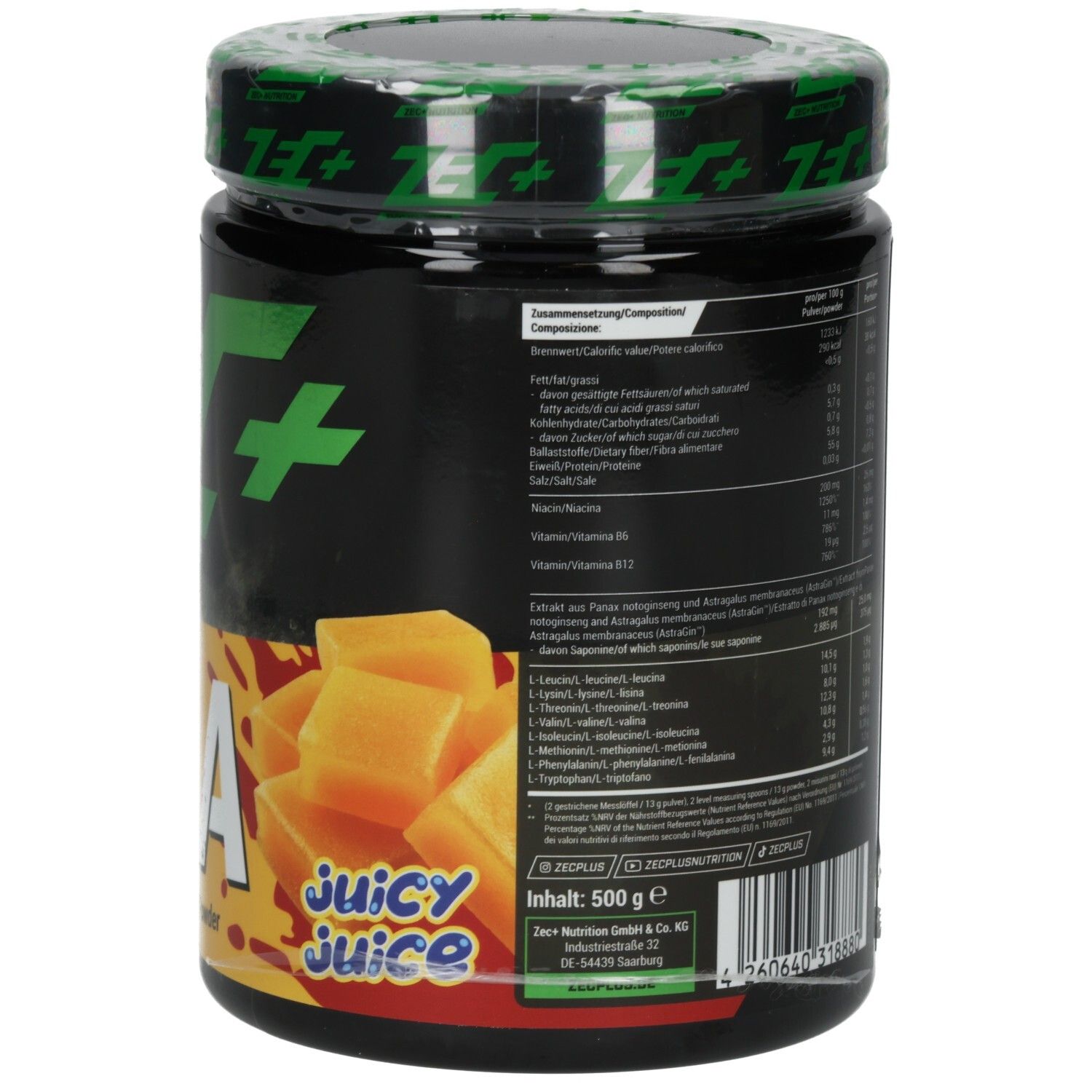 Boîte noire avec logo vert "ZEC+". "EAA PLUS FORMULA Juicy Juice". 500g. Texte et accents bleus.