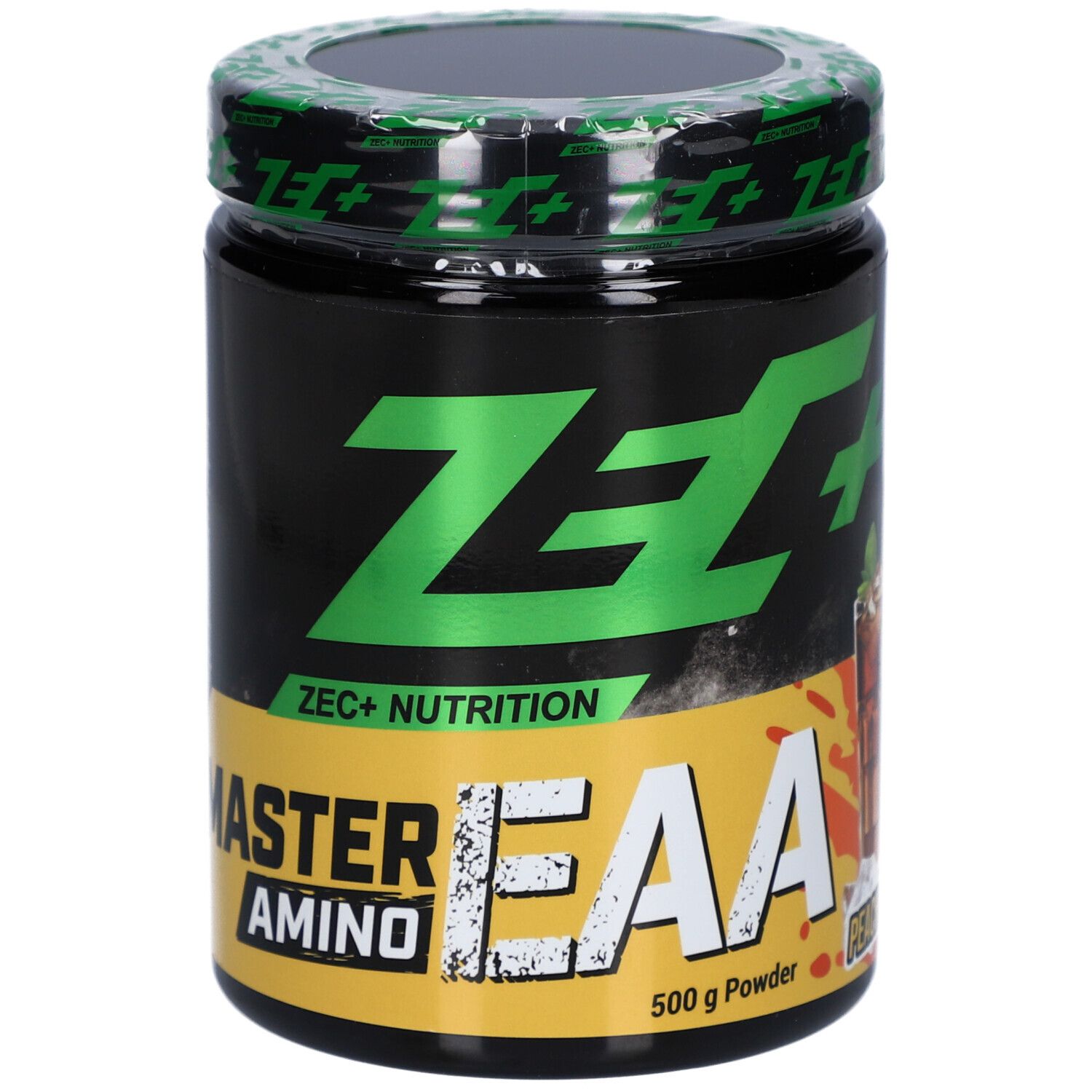 Schwarzes Supplement-Behälter mit grünem Deckel. Aufschrift: ZEC+ EAA, MASTER AMINO, 500 g Powder. Gelber Streifen mit Text.