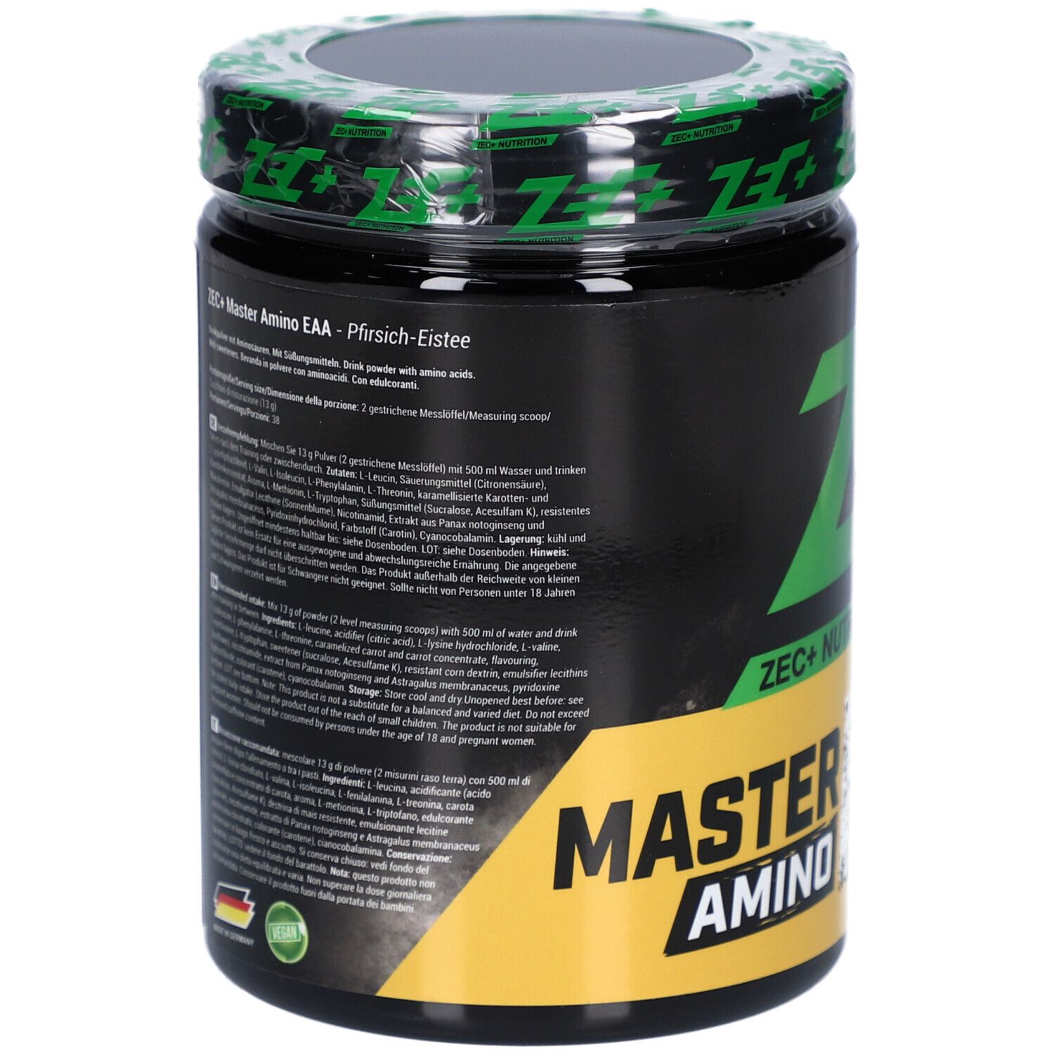 Schwarzes Supplement-Behälter mit Text und Zutatenliste. Aufschrift: ZEC+ Master Amino EAA - Pfirsich-Eistee. Grüner Deckel.