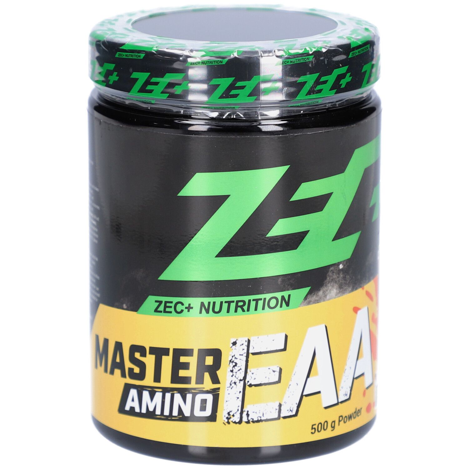 Schwarzes Supplement-Behälter mit grünem Deckel. Aufschrift: ZEC+ EAA, MASTER AMINO, 500 g Powder. Gelber Streifen mit Text.