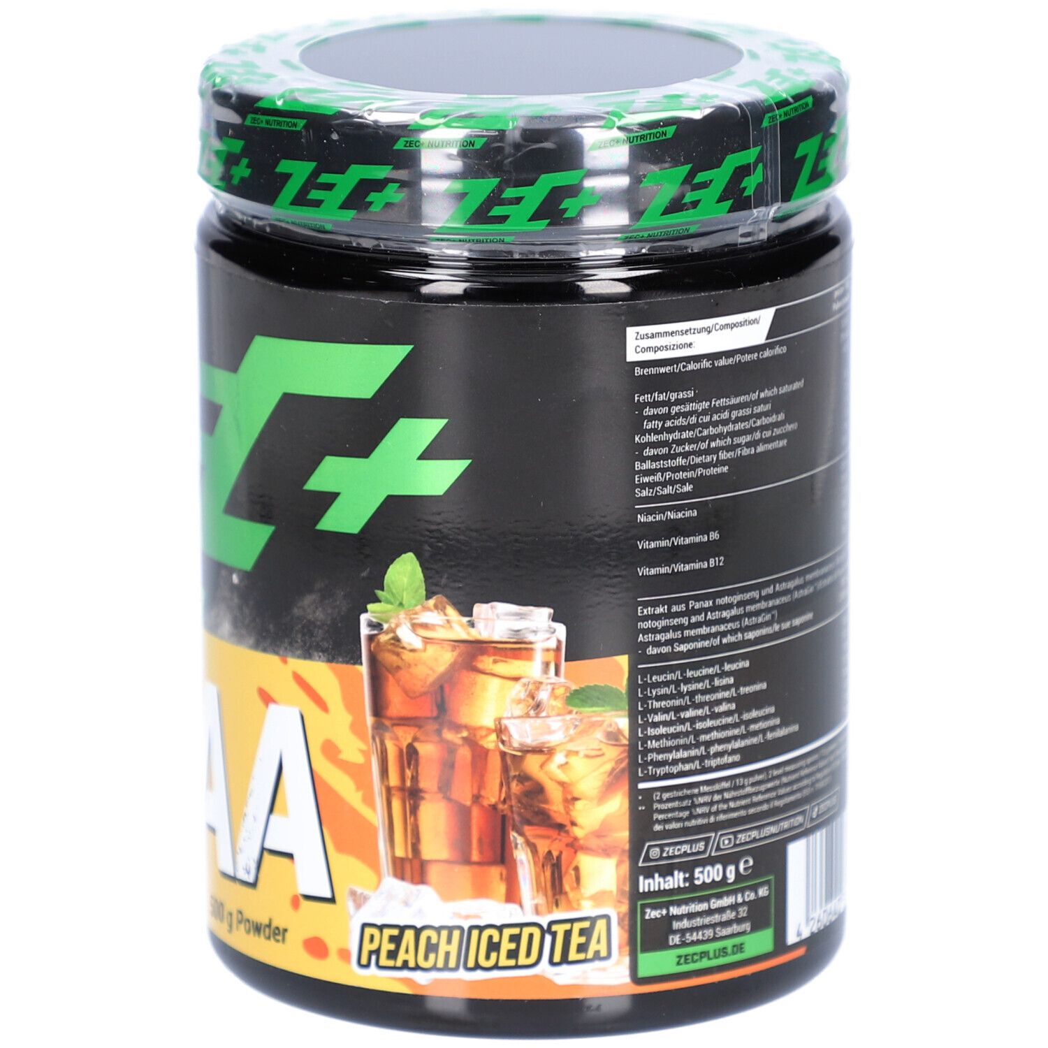 Schwarzes Supplement-Behälter mit grünem Deckel. Aufschrift: ZEC+ EAA, MASTER AMINO, 500 g Powder. Bild von Eistee. Text: Peach Iced Tea.