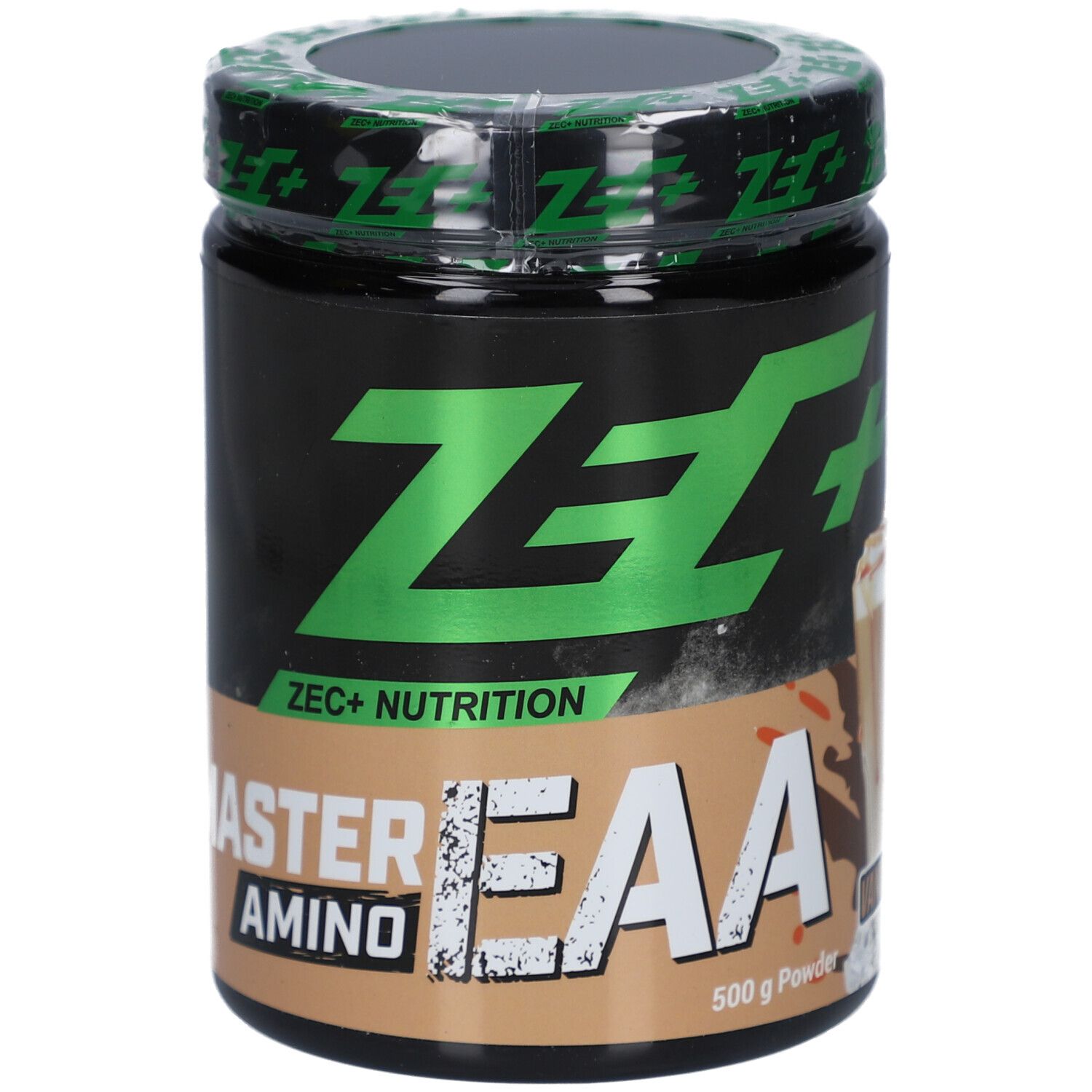 Pot noir avec couvercle vert. Inscription "ZEC+" et "MASTER AMINO EAA". Zone marron avec "500 g Powder".