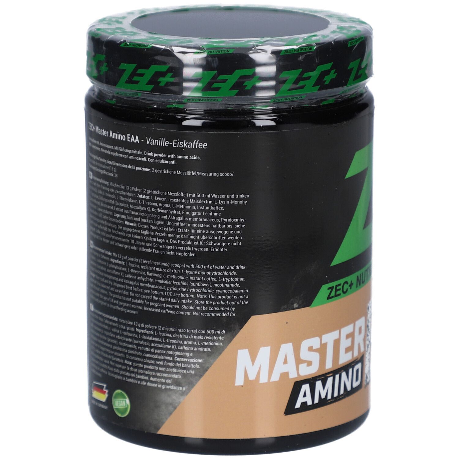 Pot de produit avec texte. Inscription "ZEC+ Nutrition" et "MASTER AMINO". Texte en allemand. Avec drapeau allemand.